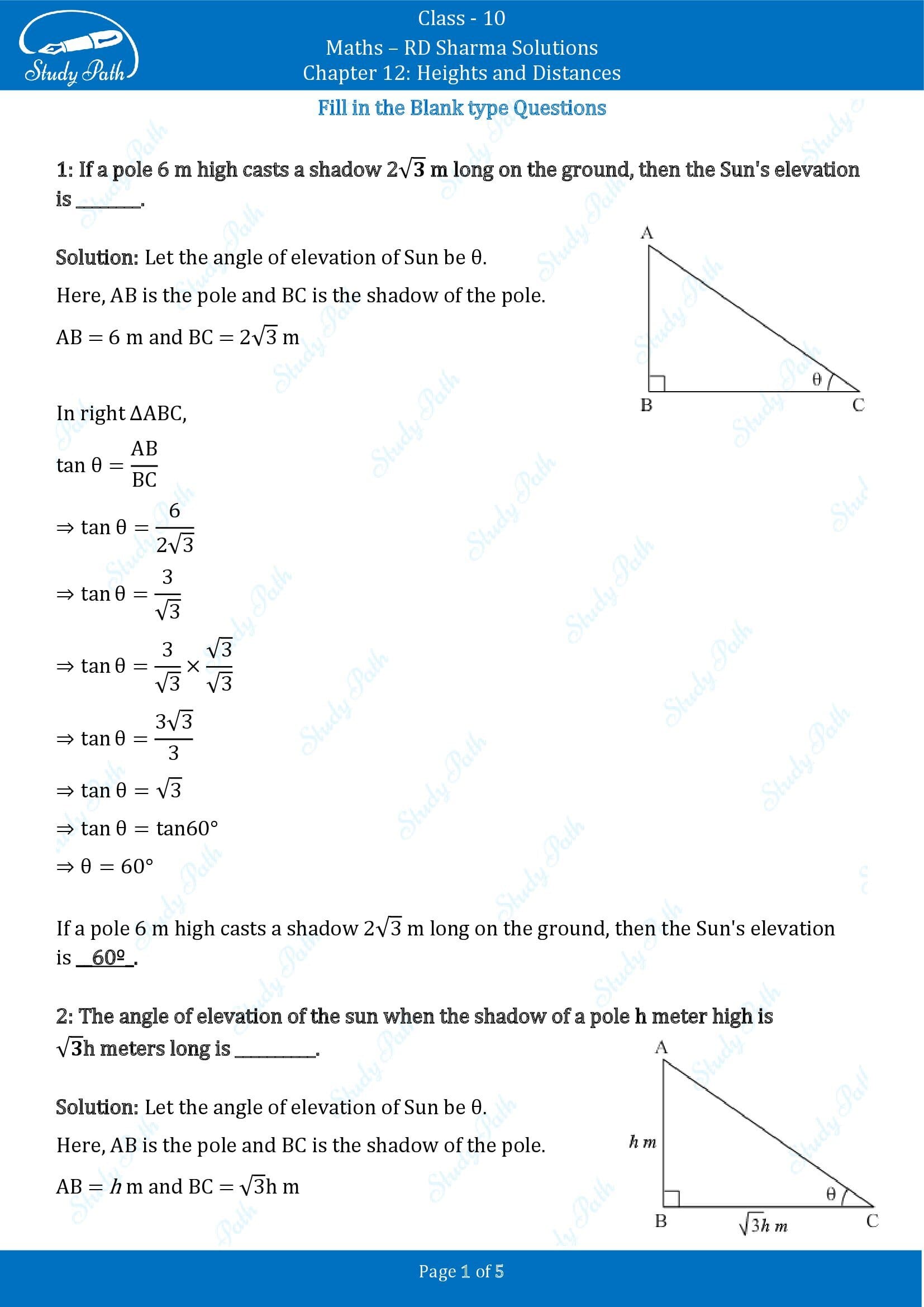 RD Sharma Solutions Class 10 Chapter 12 Heights and Distances Fill in the Blank Type Questions FBQs 00001