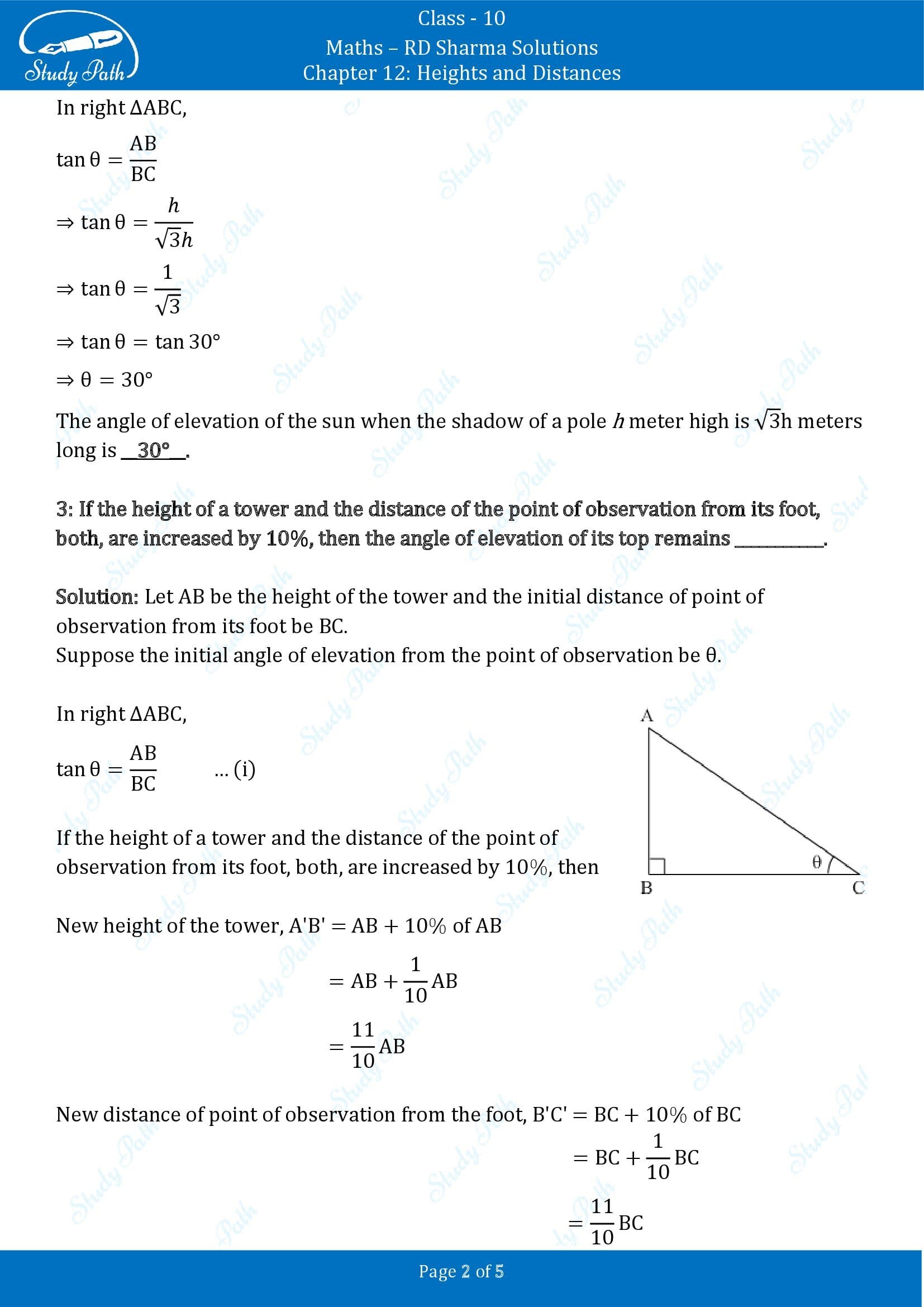 RD Sharma Solutions Class 10 Chapter 12 Heights and Distances Fill in the Blank Type Questions FBQs 00002