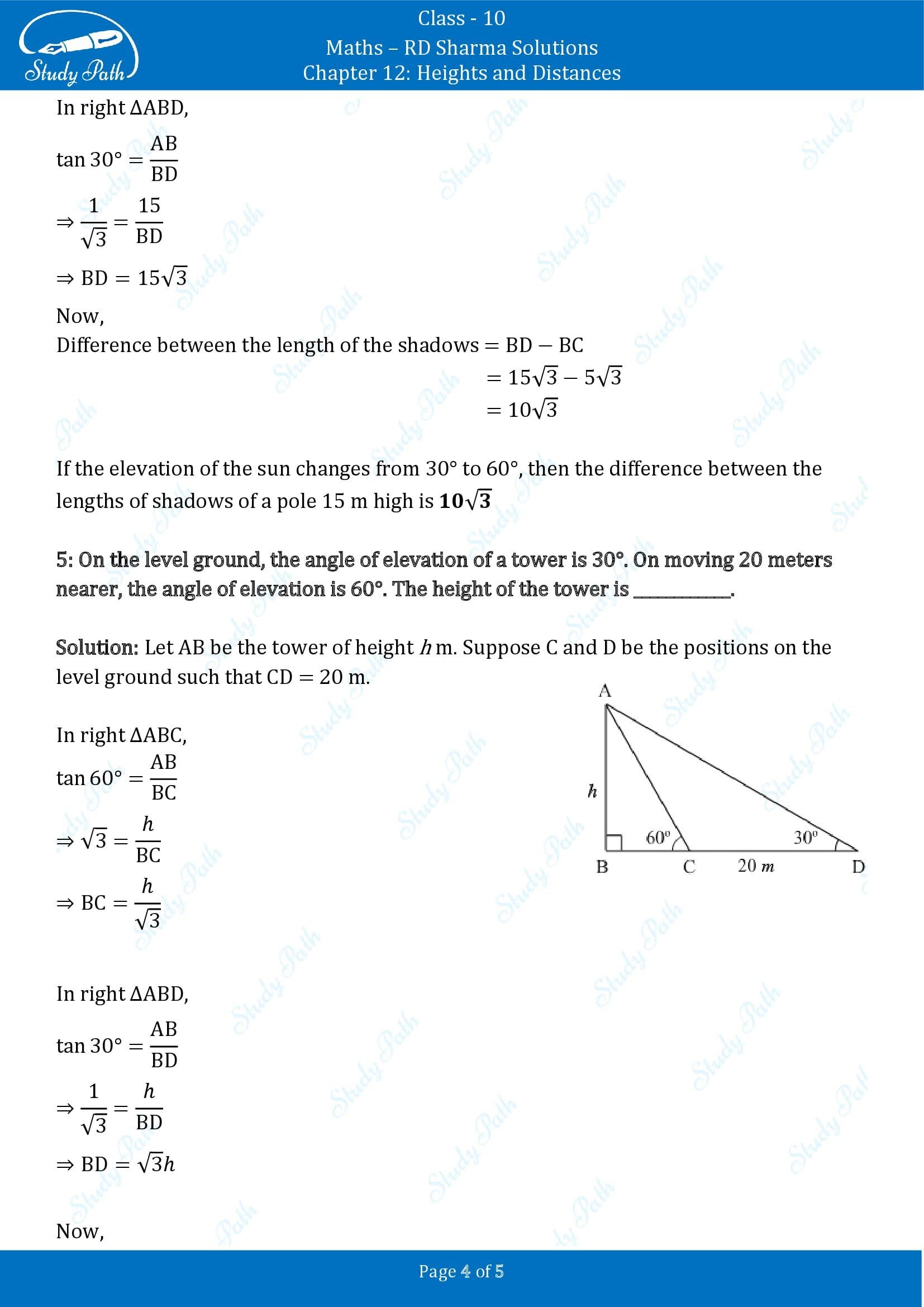 RD Sharma Solutions Class 10 Chapter 12 Heights and Distances Fill in the Blank Type Questions FBQs 00004