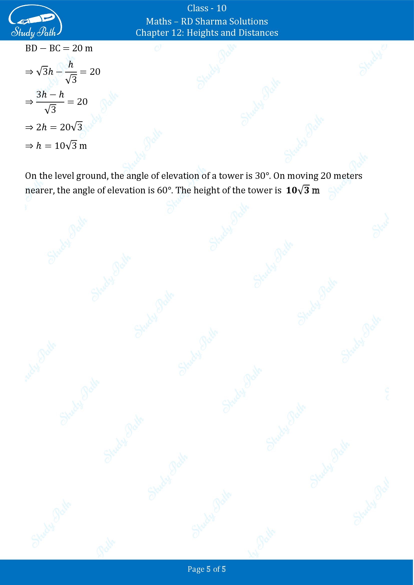 RD Sharma Solutions Class 10 Chapter 12 Heights and Distances Fill in the Blank Type Questions FBQs 00005