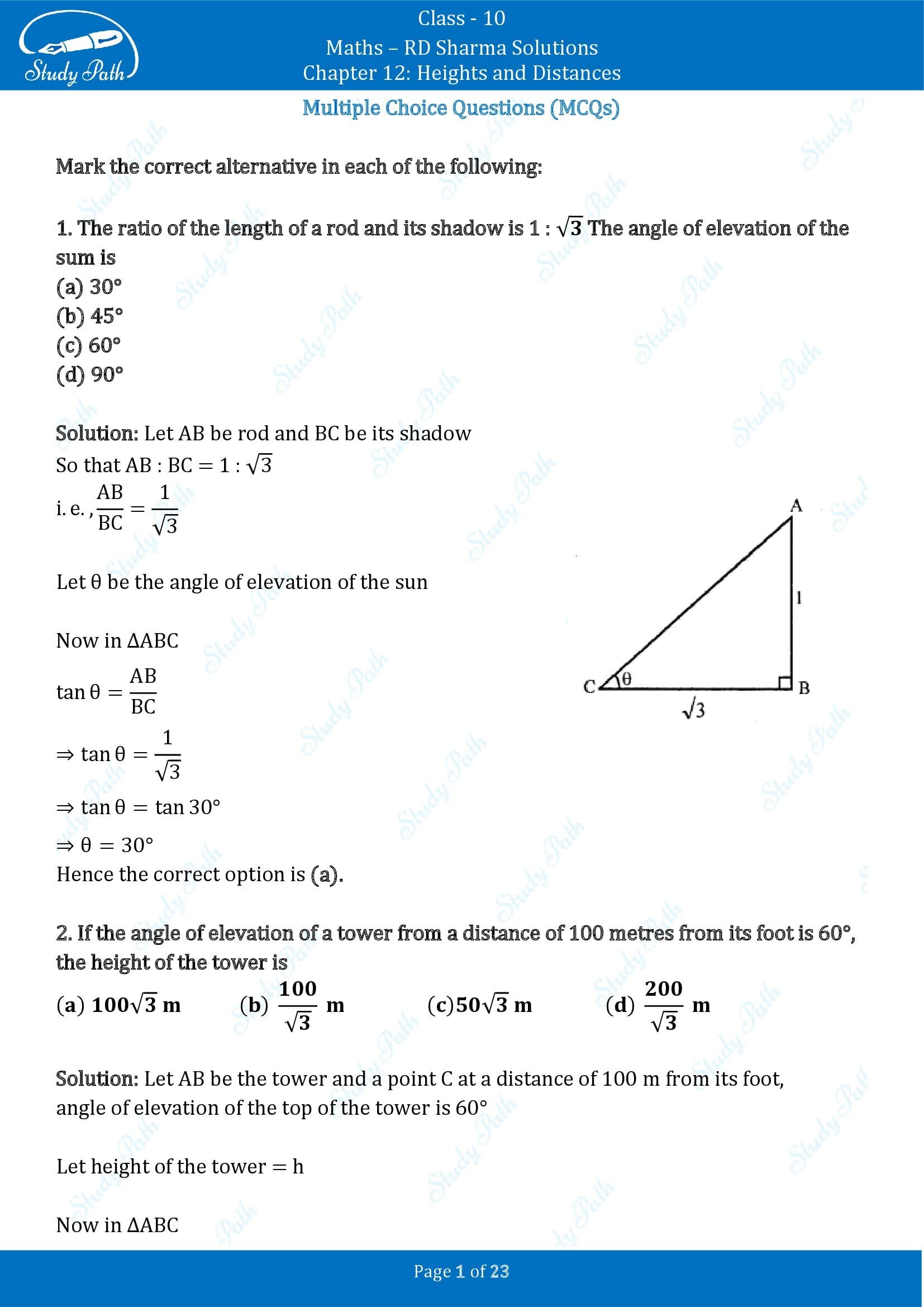 RD Sharma Solutions Class 10 Chapter 12 Heights and Distances Multiple Choice Question MCQs 00001