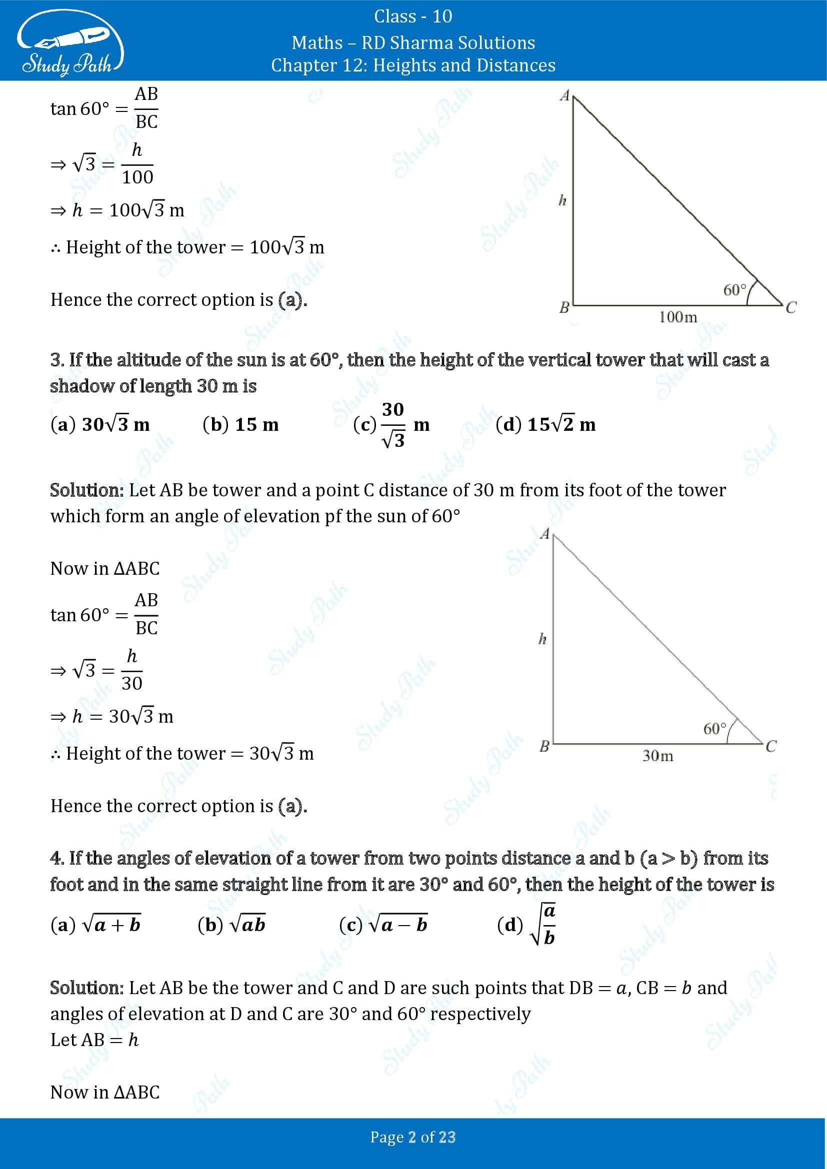 RD Sharma Solutions Class 10 Chapter 12 Heights and Distances Multiple Choice Question MCQs 00002