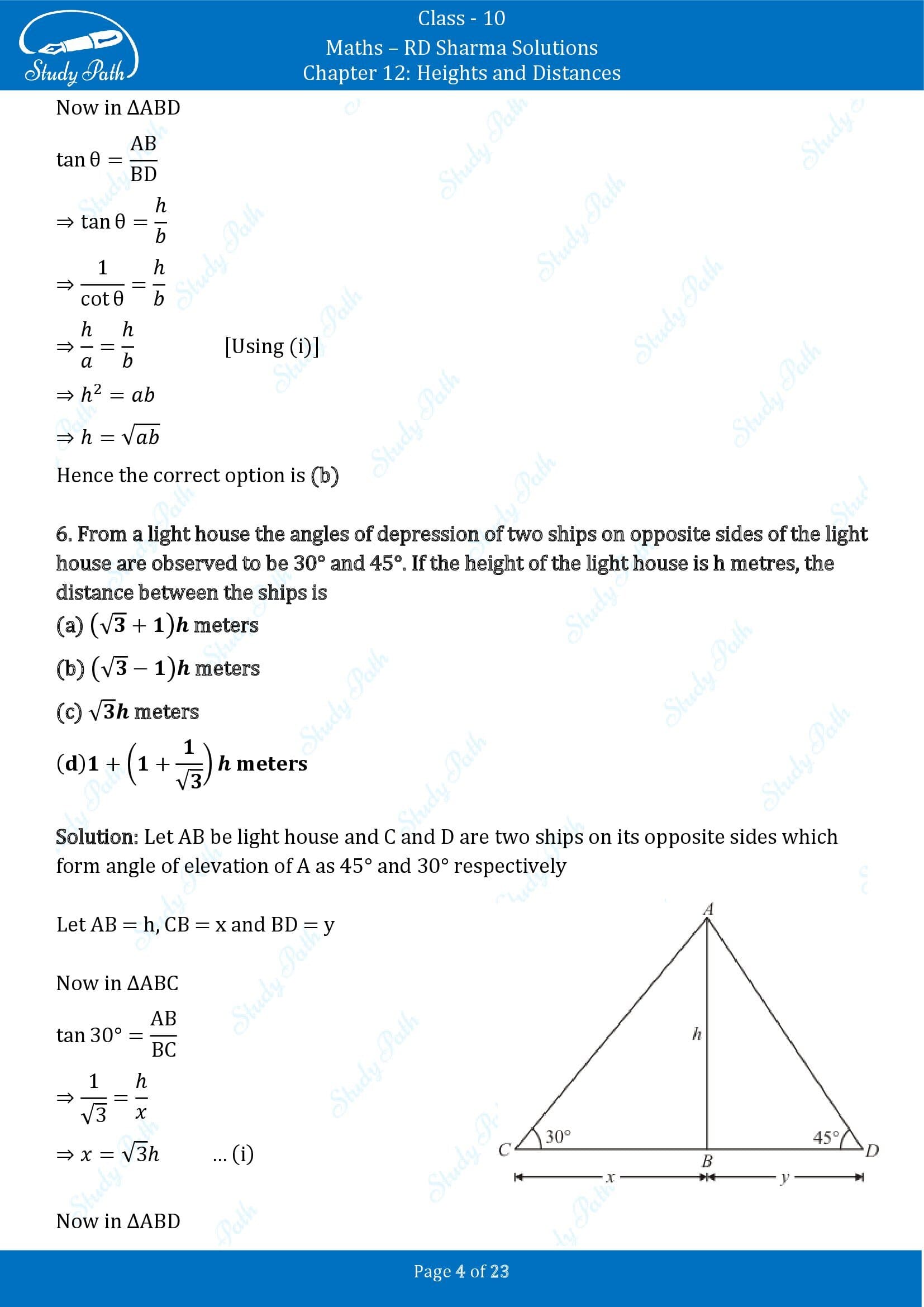 RD Sharma Solutions Class 10 Chapter 12 Heights and Distances Multiple Choice Question MCQs 00004