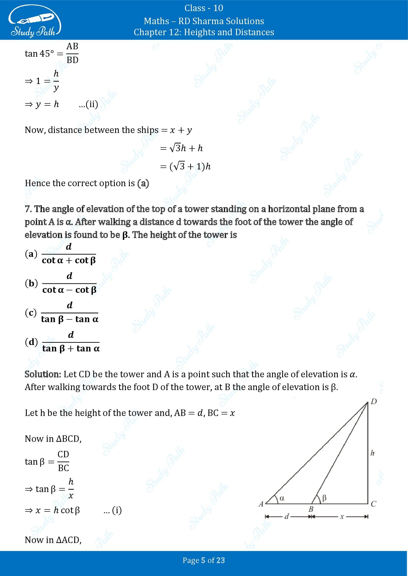 RD Sharma Solutions Class 10 Chapter 12 Heights and Distances Multiple Choice Question MCQs 00005
