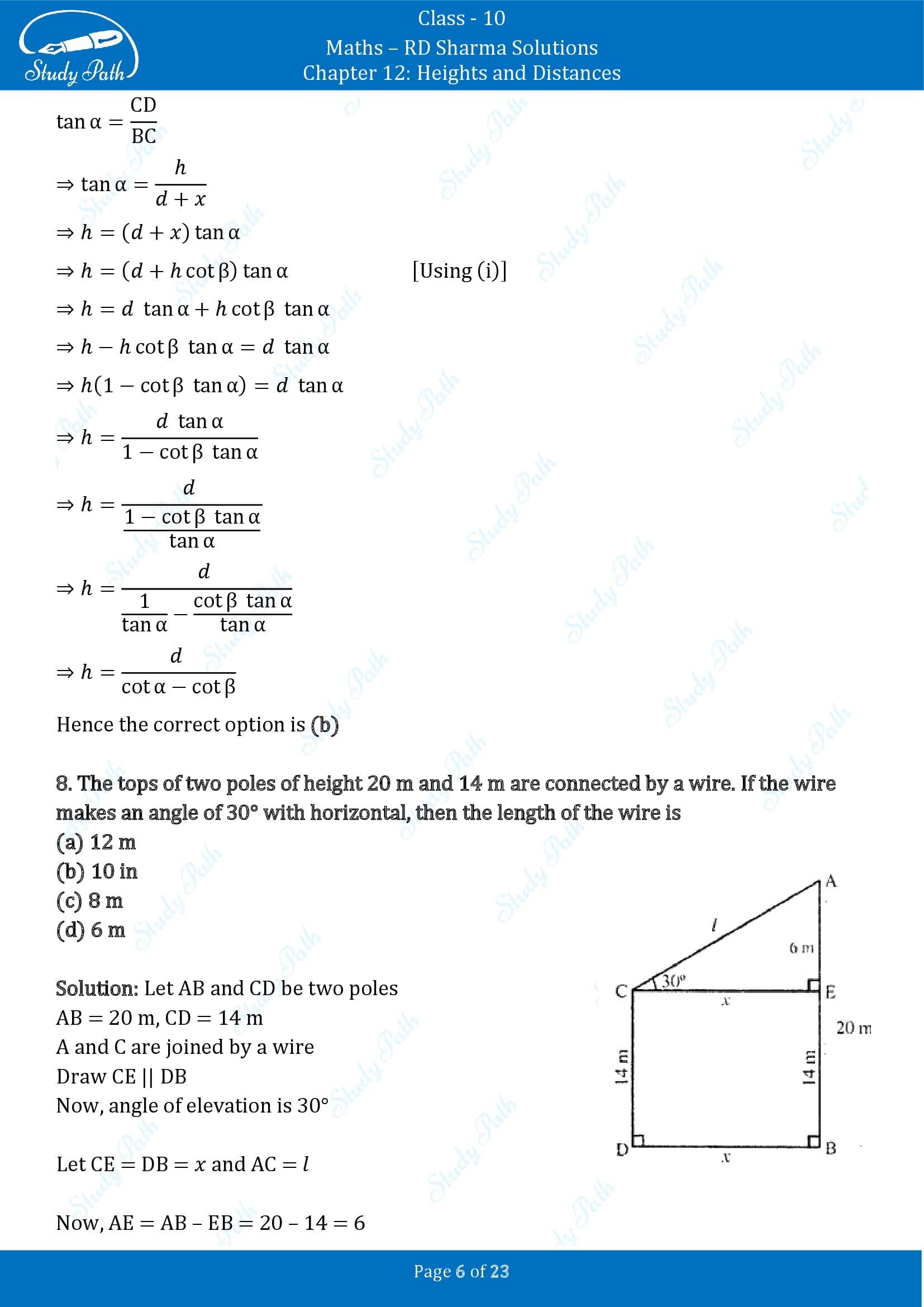 RD Sharma Solutions Class 10 Chapter 12 Heights and Distances Multiple Choice Question MCQs 00006