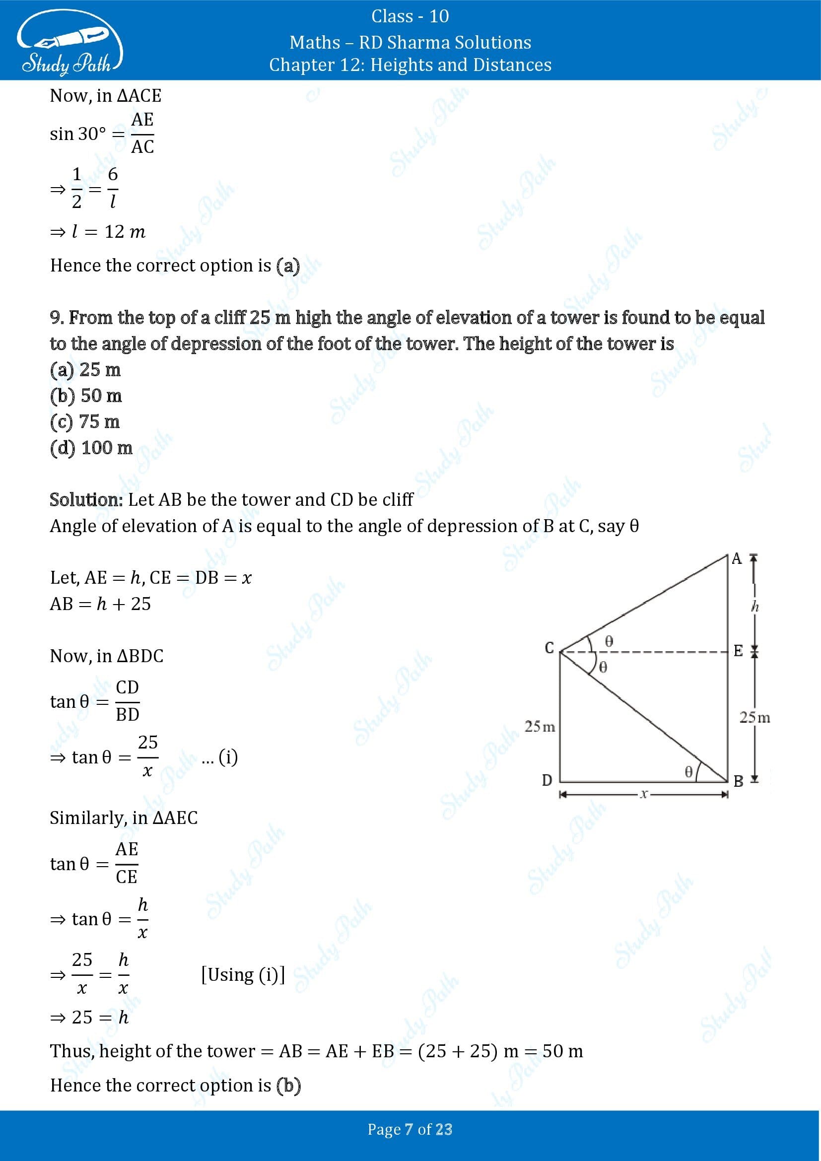 RD Sharma Solutions Class 10 Chapter 12 Heights and Distances Multiple Choice Question MCQs 00007