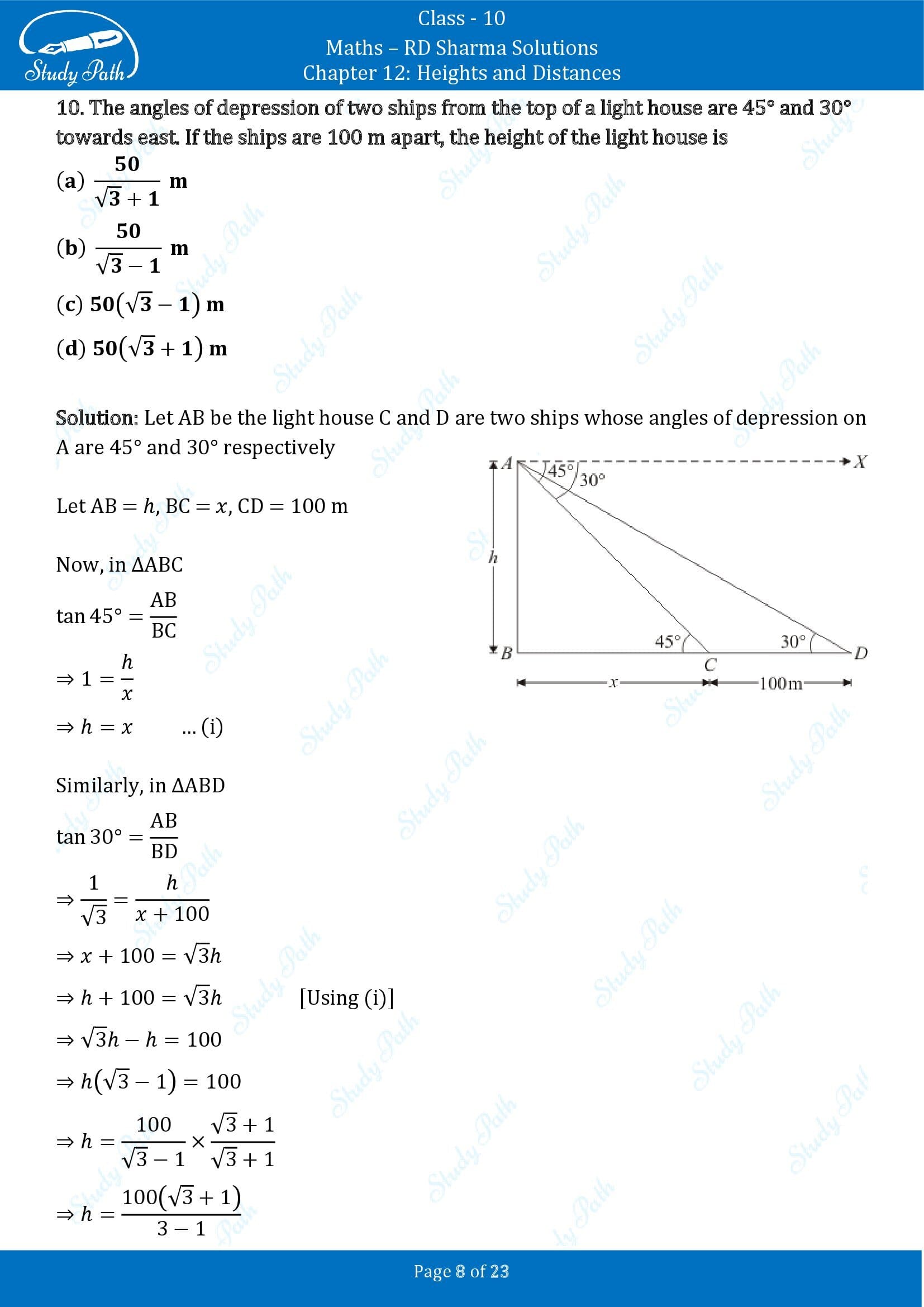 RD Sharma Solutions Class 10 Chapter 12 Heights and Distances Multiple Choice Question MCQs 00008