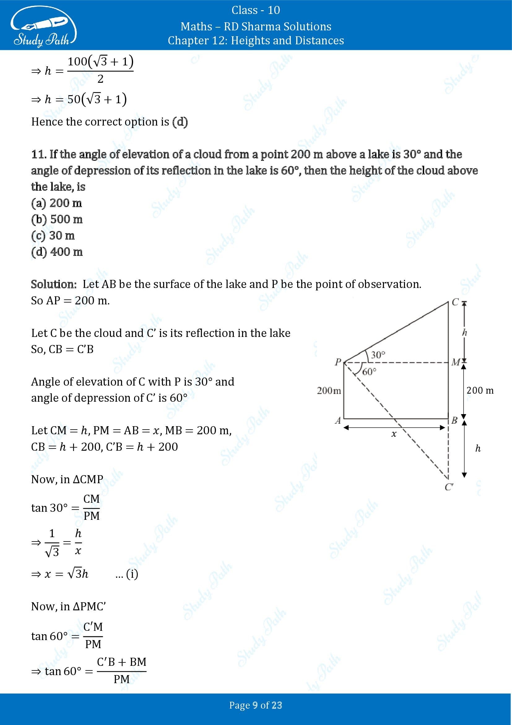 RD Sharma Solutions Class 10 Chapter 12 Heights and Distances Multiple Choice Question MCQs 00009