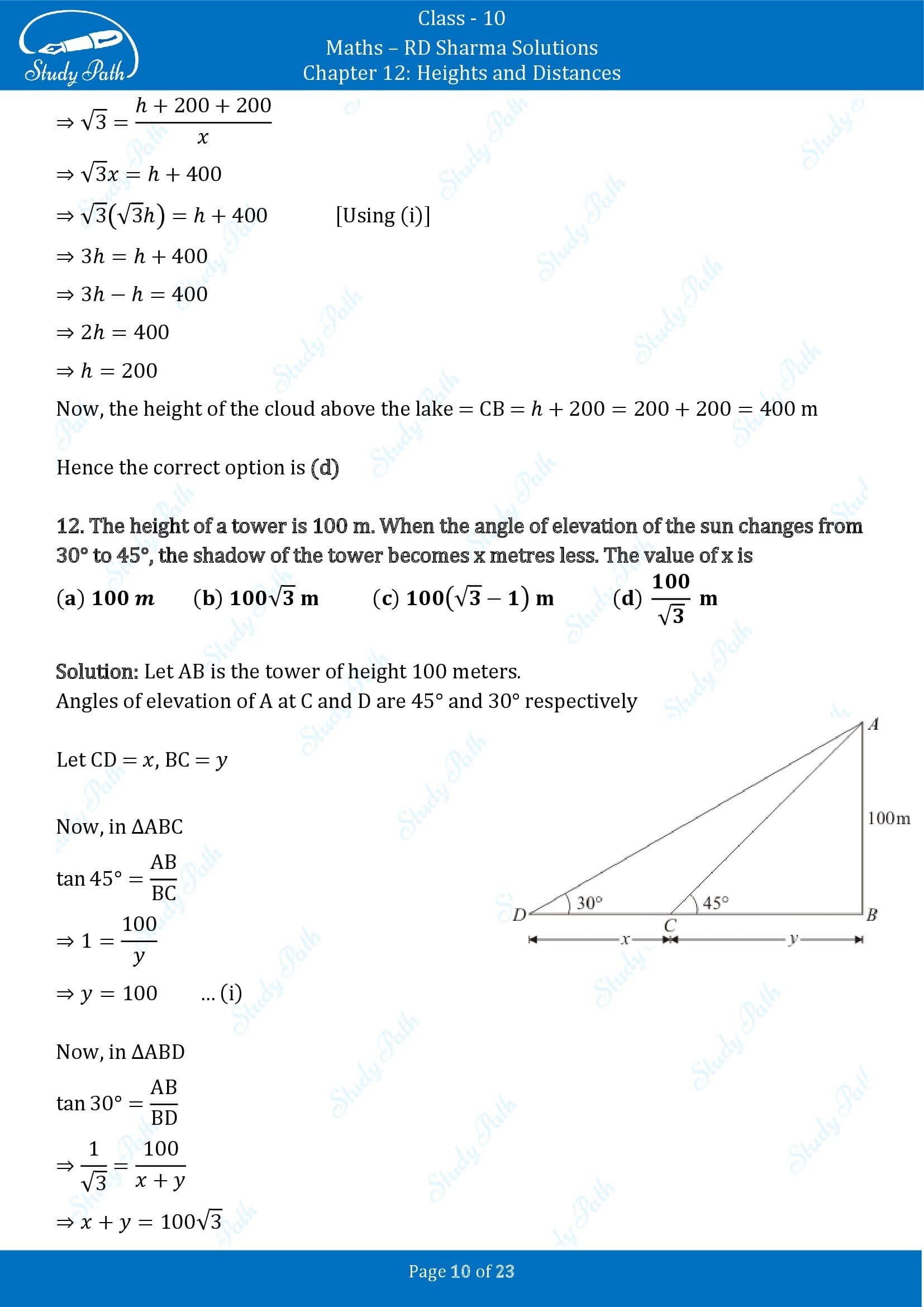 RD Sharma Solutions Class 10 Chapter 12 Heights and Distances Multiple Choice Question MCQs 00010