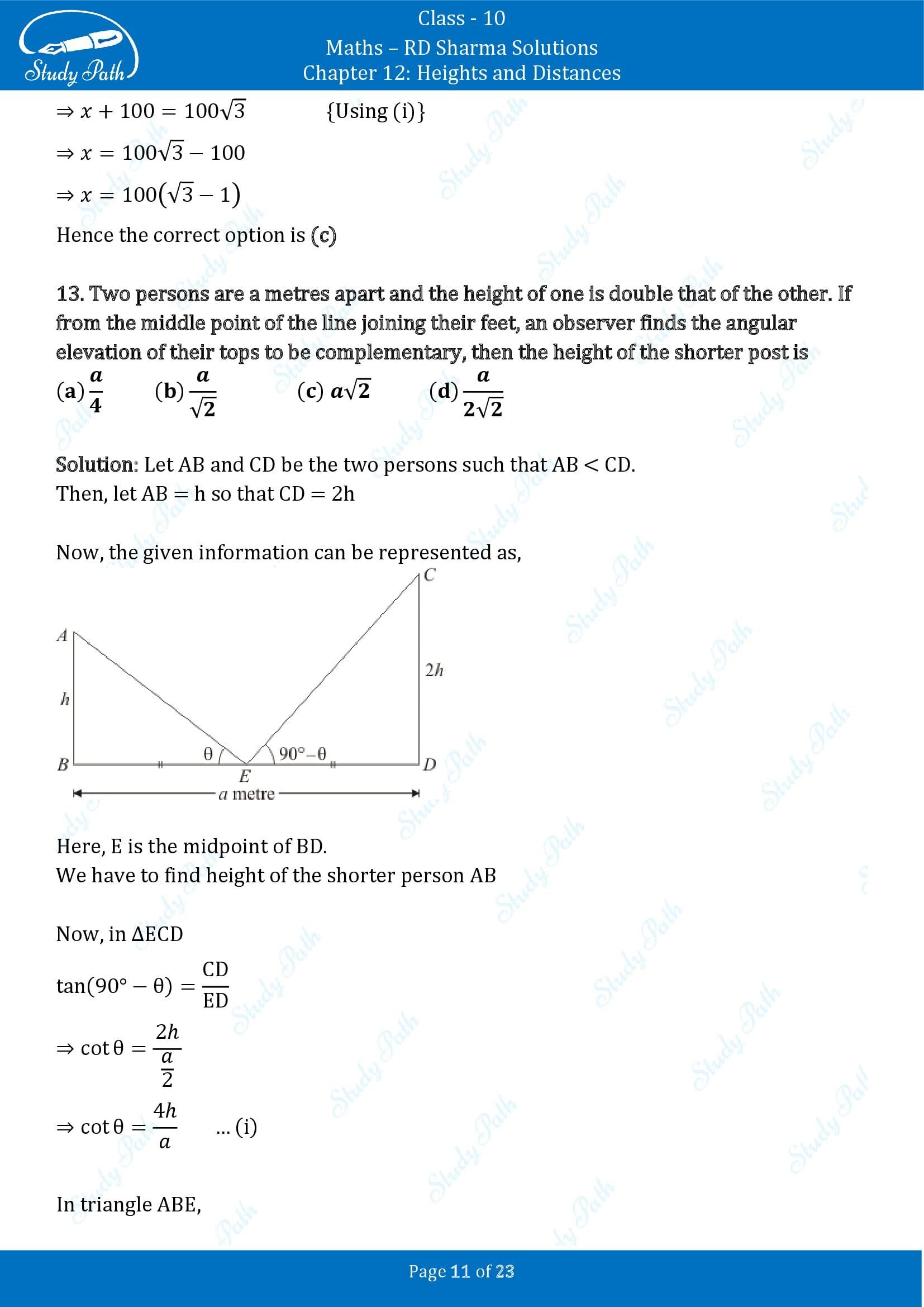 RD Sharma Solutions Class 10 Chapter 12 Heights and Distances Multiple Choice Question MCQs 00011