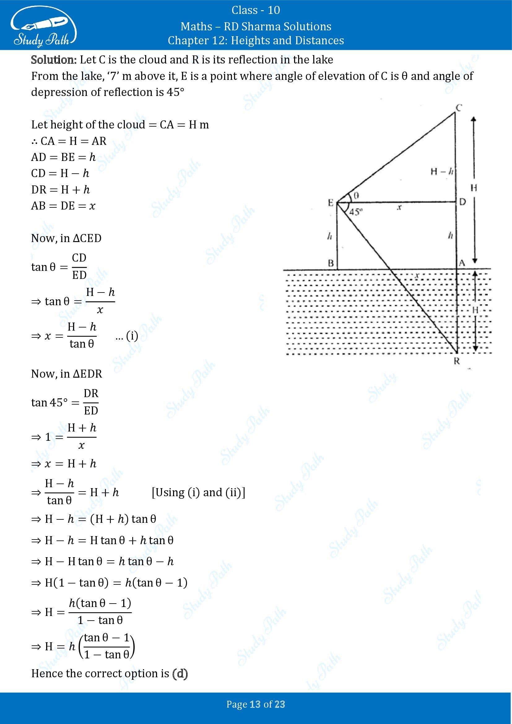 RD Sharma Solutions Class 10 Chapter 12 Heights and Distances Multiple Choice Question MCQs 00013