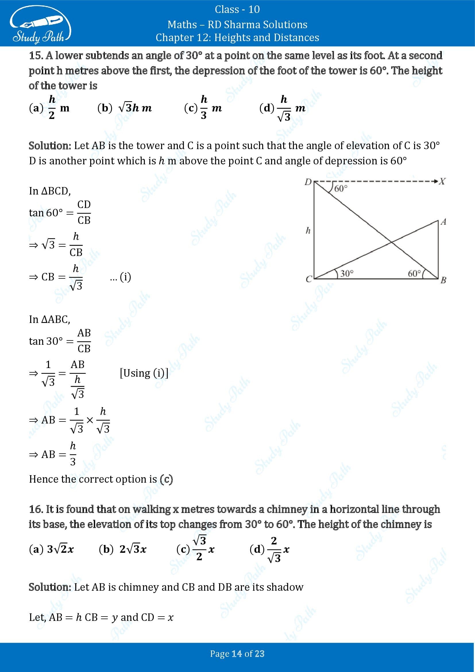 RD Sharma Solutions Class 10 Chapter 12 Heights and Distances Multiple Choice Question MCQs 00014