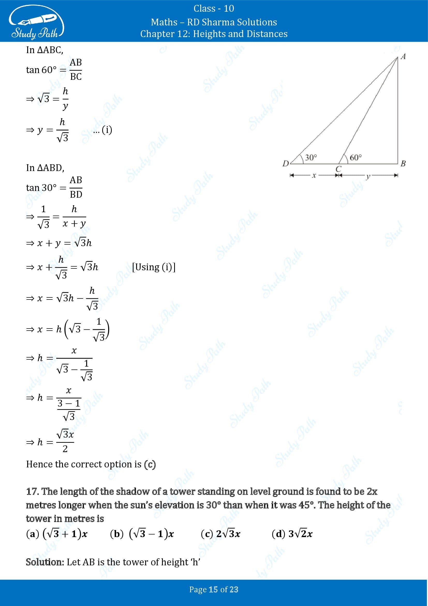 RD Sharma Solutions Class 10 Chapter 12 Heights and Distances Multiple Choice Question MCQs 00015