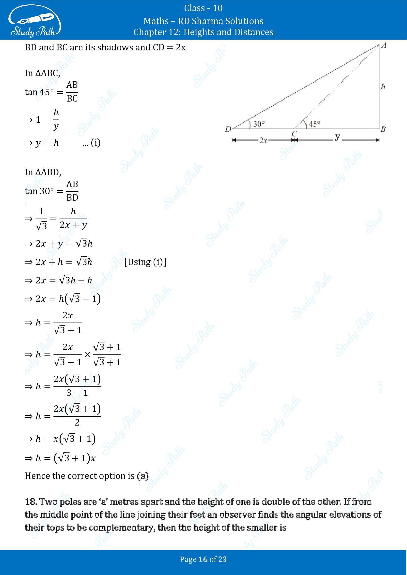 RD Sharma Solutions Class 10 Chapter 12 Heights and Distances Multiple Choice Question MCQs 00016