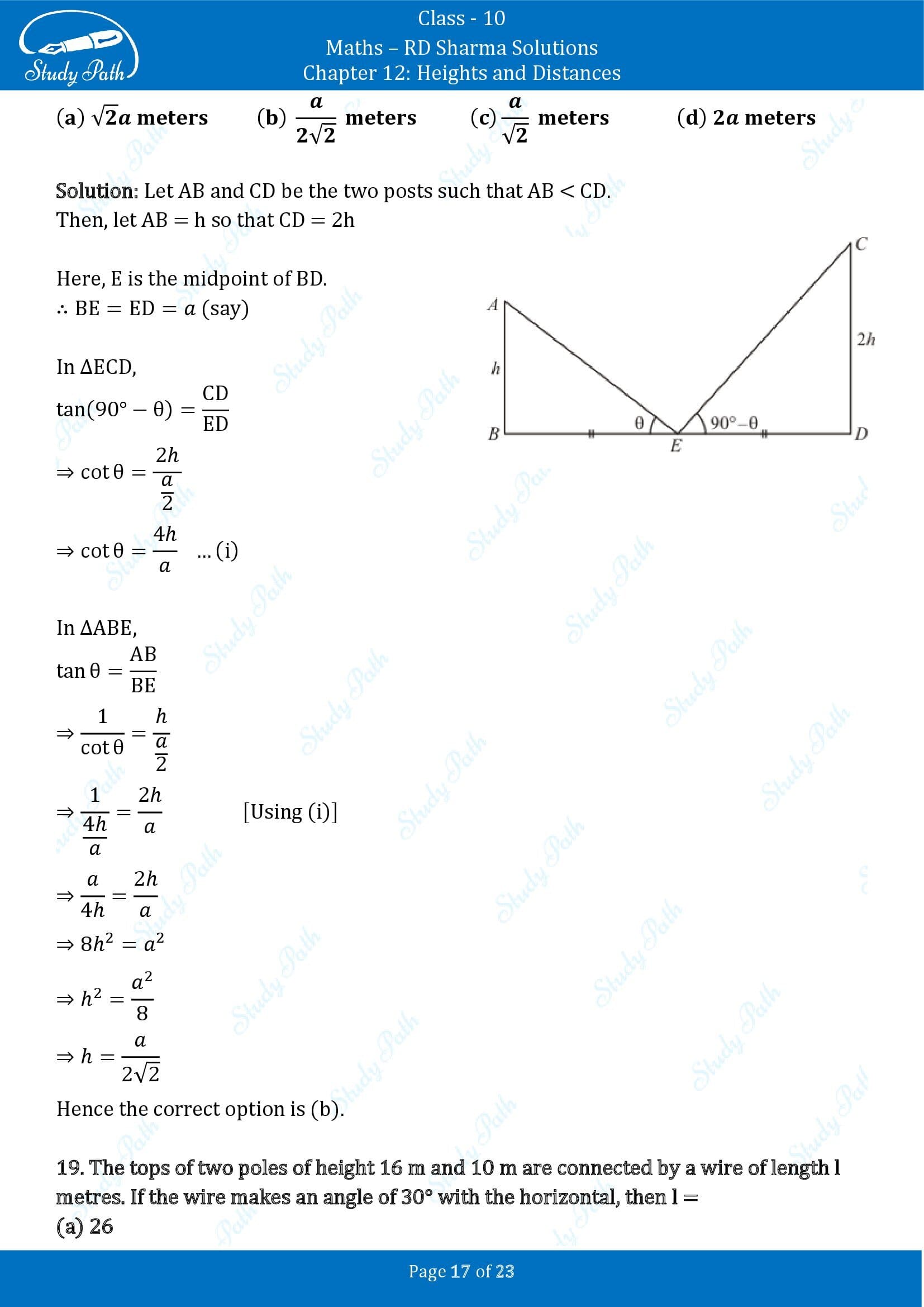 RD Sharma Solutions Class 10 Chapter 12 Heights and Distances Multiple Choice Question MCQs 00017