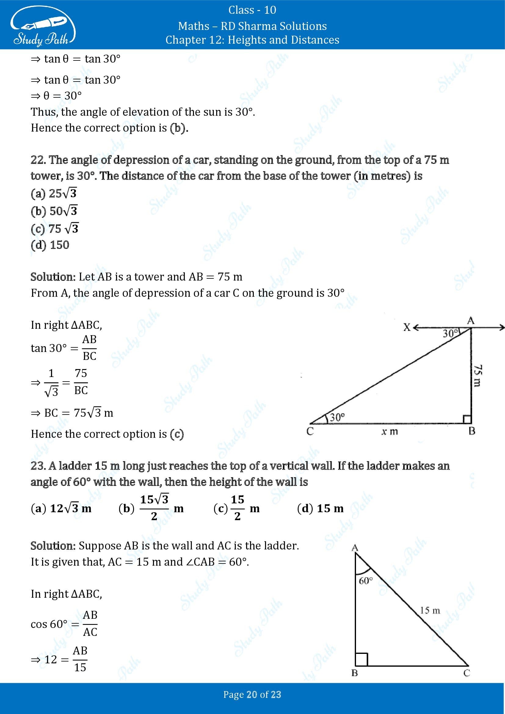 RD Sharma Solutions Class 10 Chapter 12 Heights and Distances Multiple Choice Question MCQs 00020