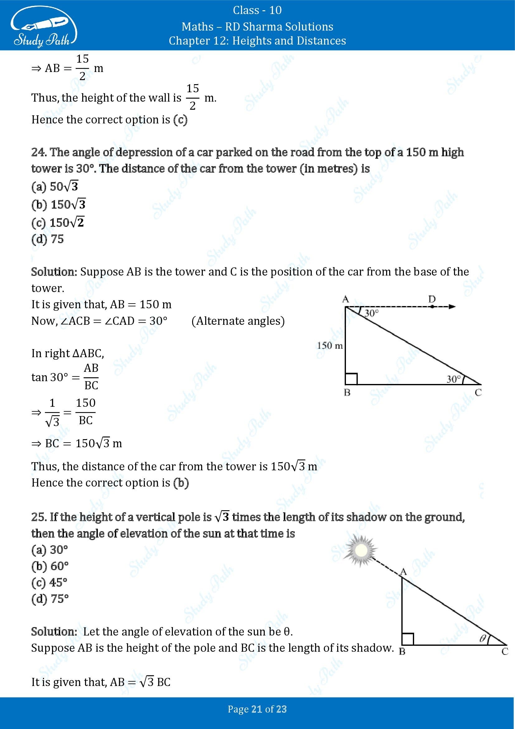 RD Sharma Solutions Class 10 Chapter 12 Heights and Distances Multiple Choice Question MCQs 00021