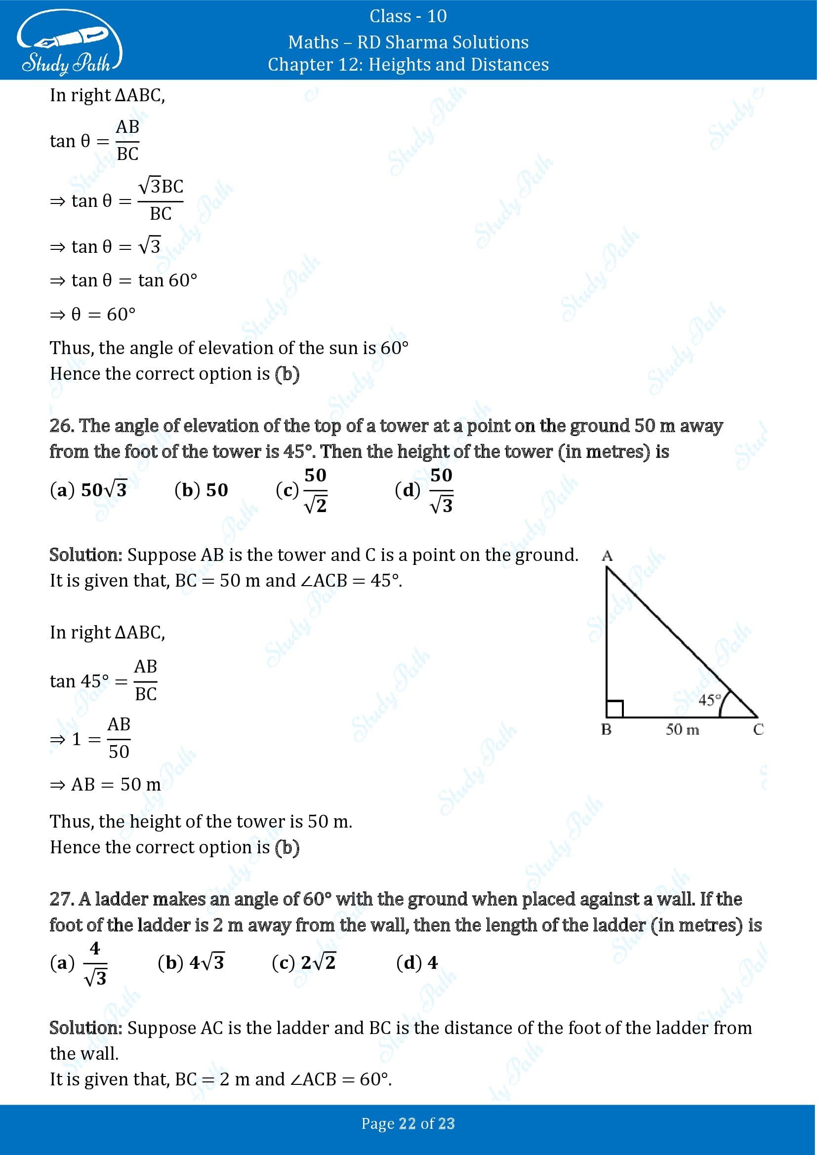 RD Sharma Solutions Class 10 Chapter 12 Heights and Distances Multiple Choice Question MCQs 00022
