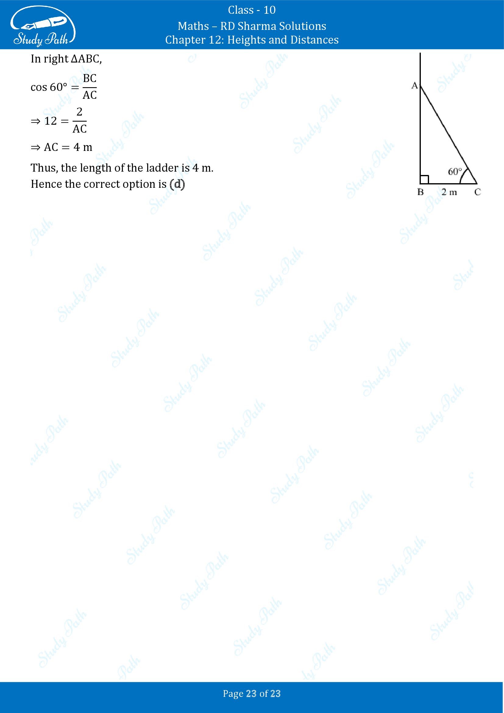 RD Sharma Solutions Class 10 Chapter 12 Heights and Distances Multiple Choice Question MCQs 00023