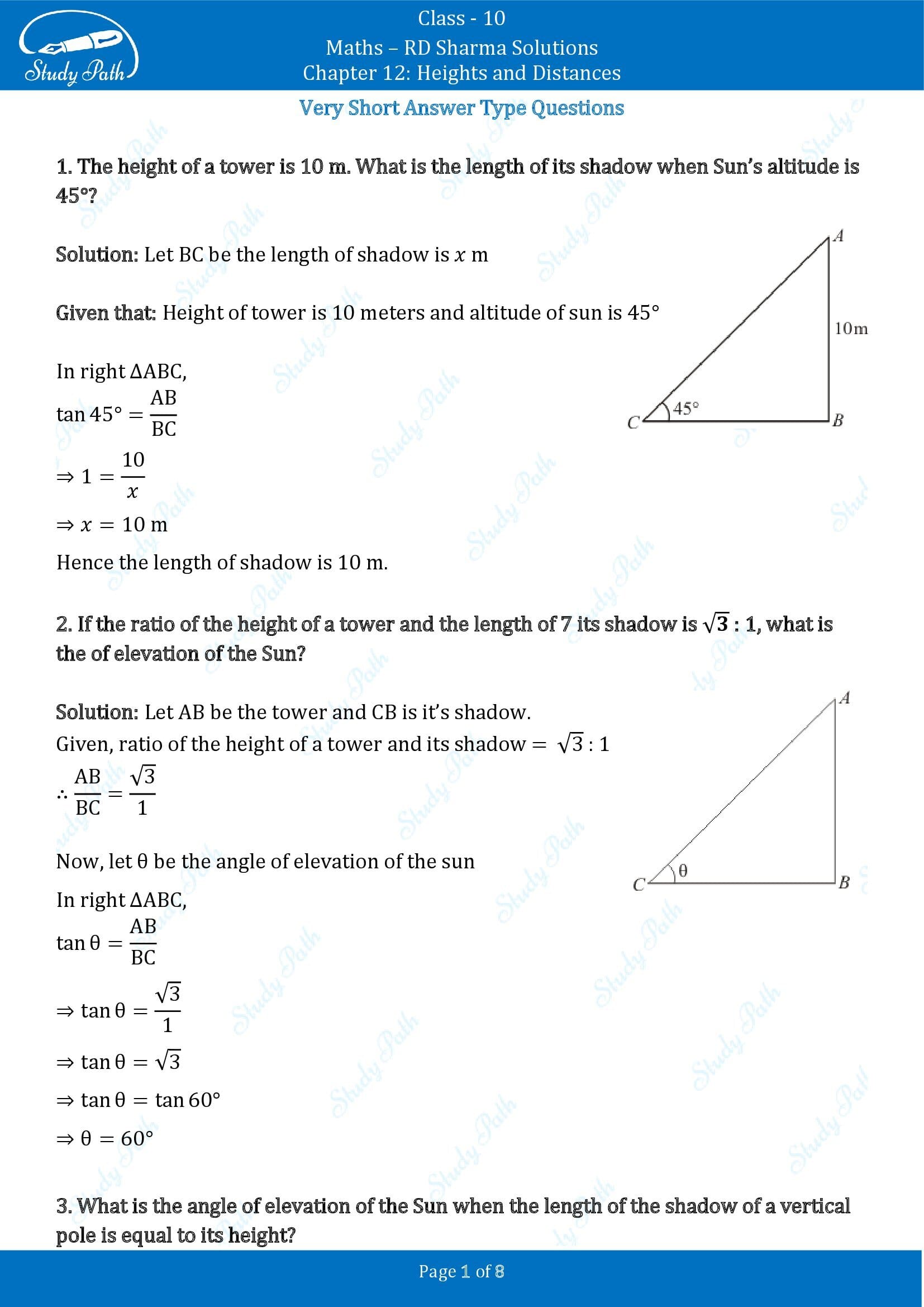 RD Sharma Solutions Class 10 Chapter 12 Heights and Distances Very Short Answer Type Questions VSAQs 00001