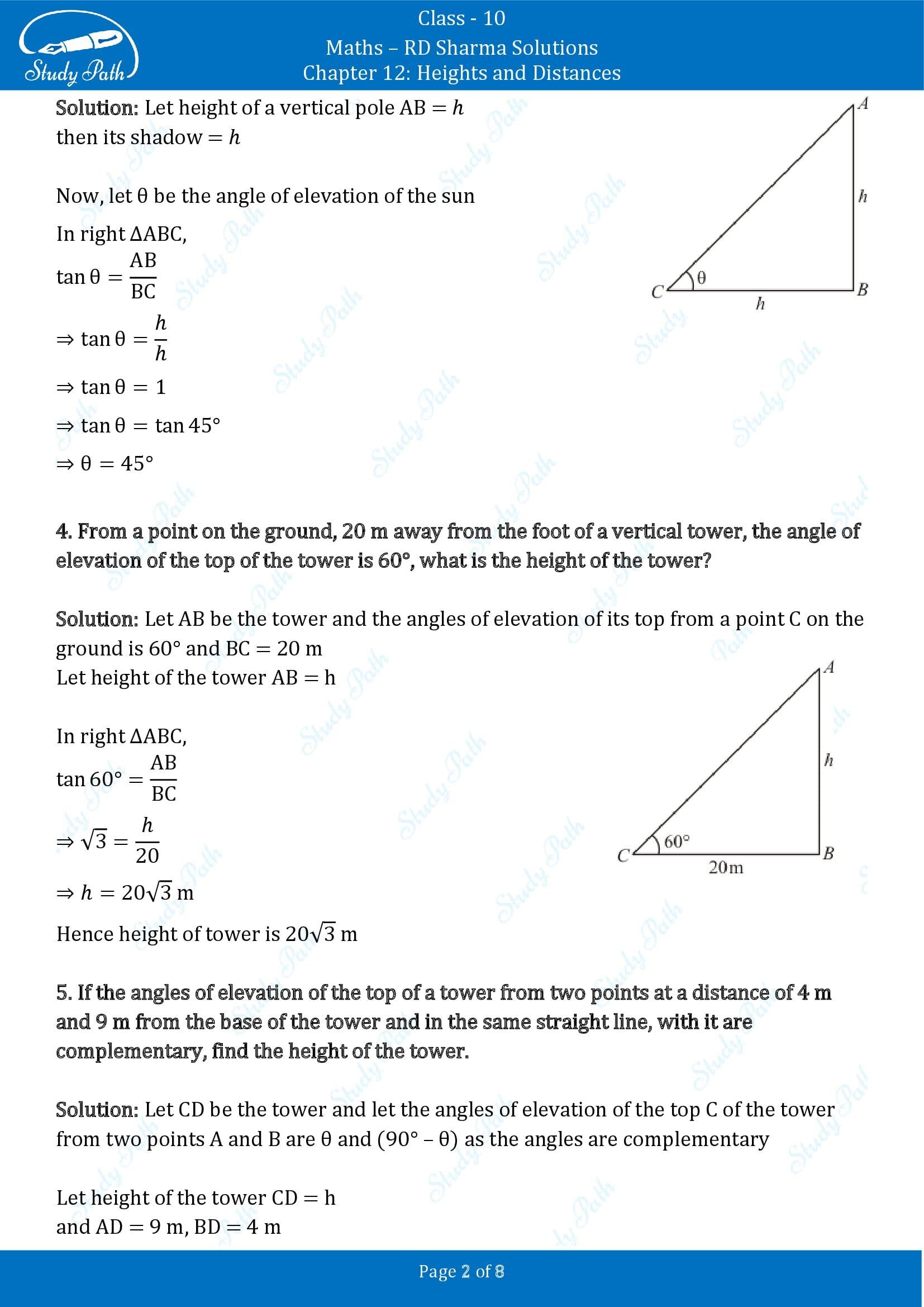 RD Sharma Solutions Class 10 Chapter 12 Heights and Distances Very Short Answer Type Questions VSAQs 00002