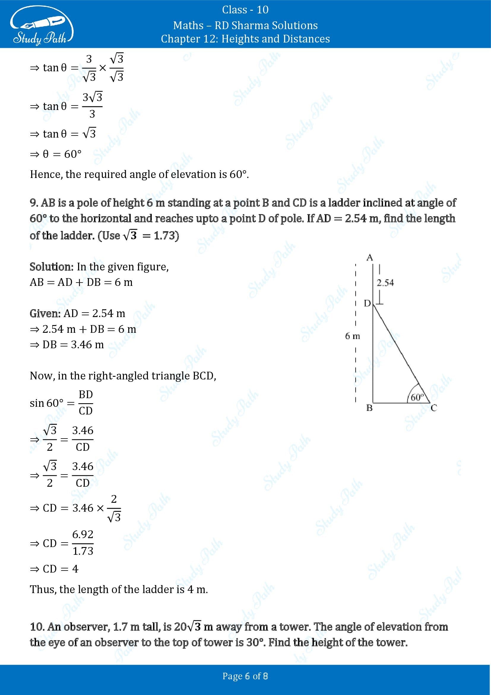 RD Sharma Solutions Class 10 Chapter 12 Heights and Distances Very Short Answer Type Questions VSAQs 00006