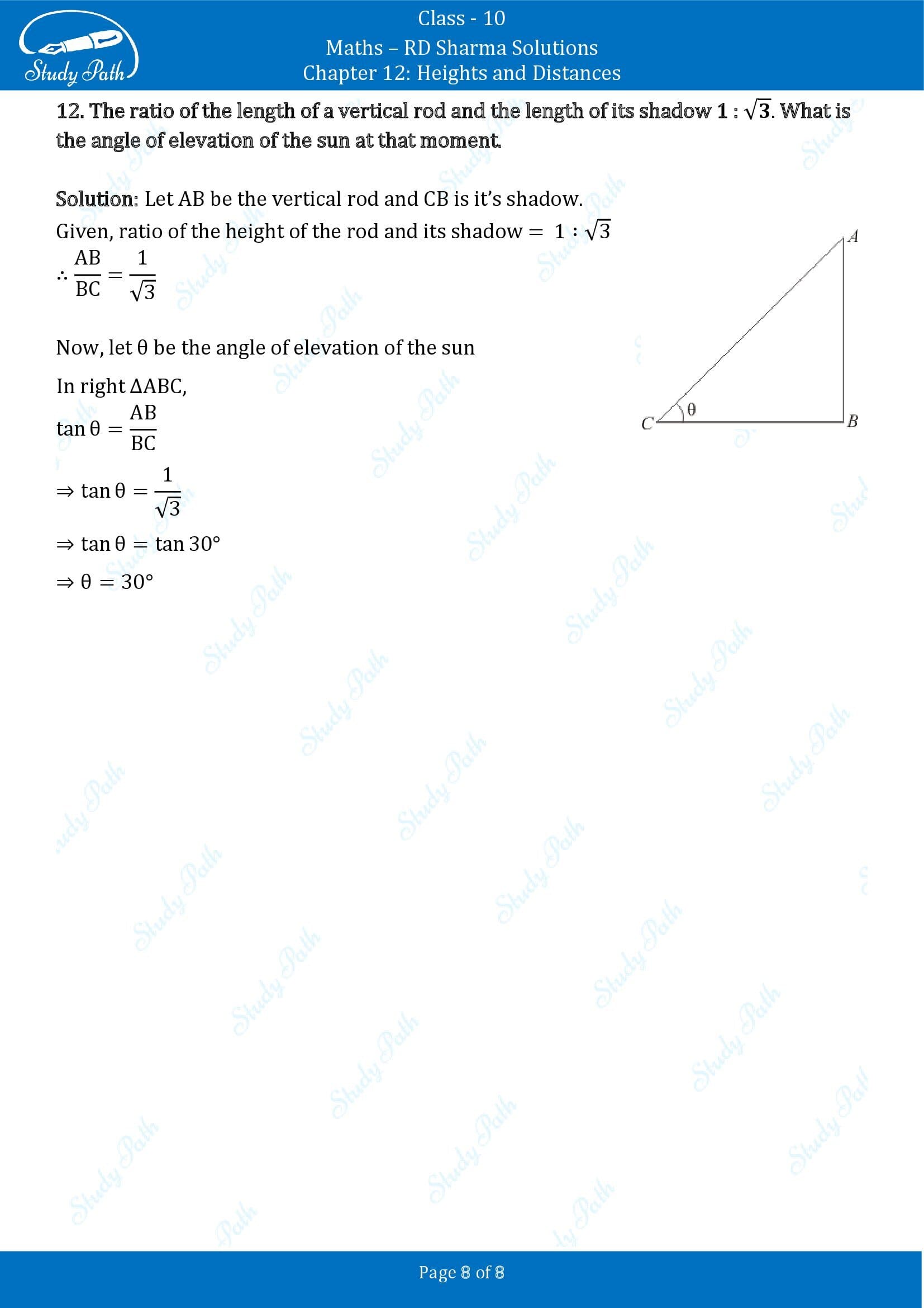 RD Sharma Solutions Class 10 Chapter 12 Heights and Distances Very Short Answer Type Questions VSAQs 00008