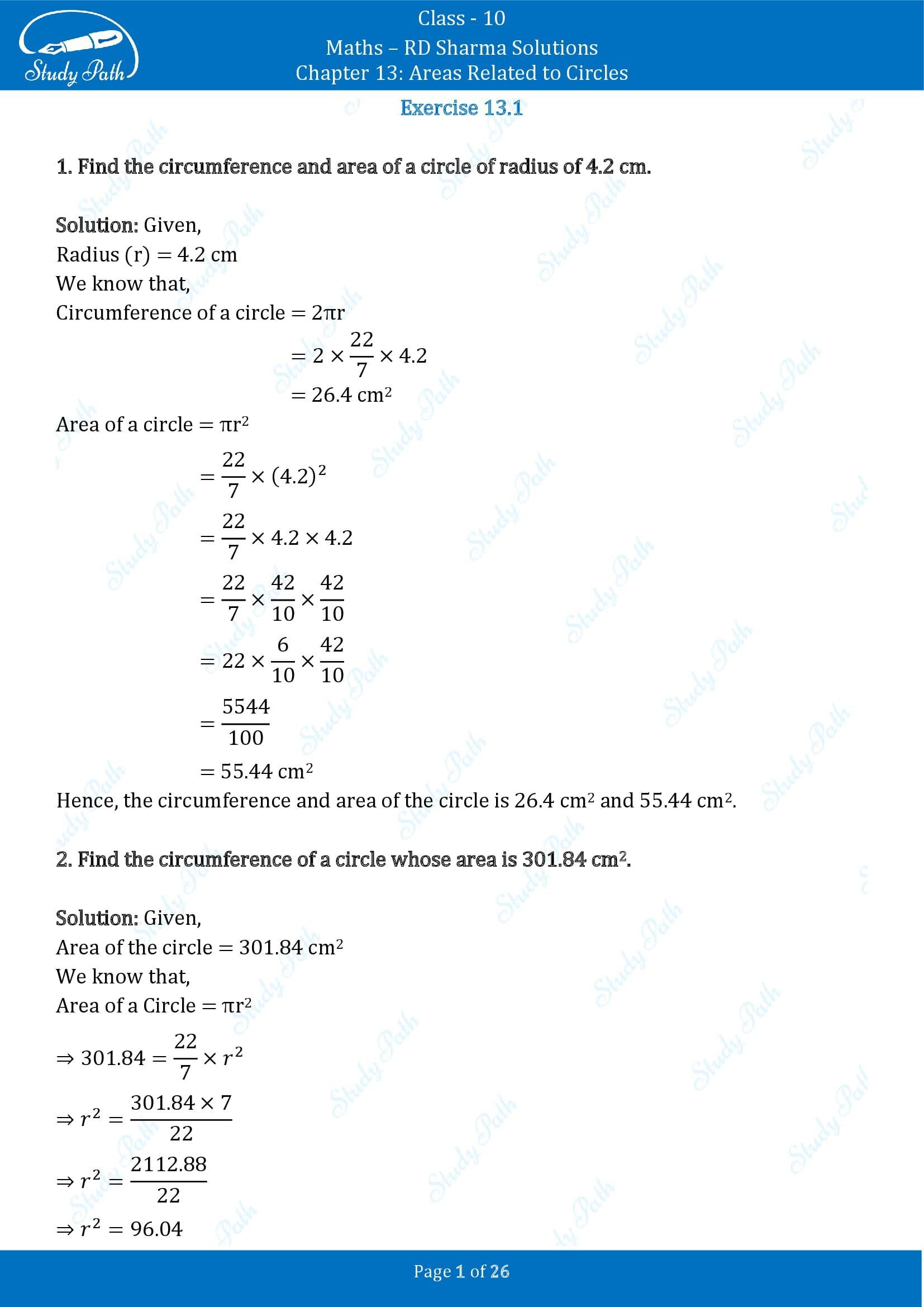RD Sharma Solutions Class 10 Chapter 13 Areas Related to Circles Exercise 13.1 00001