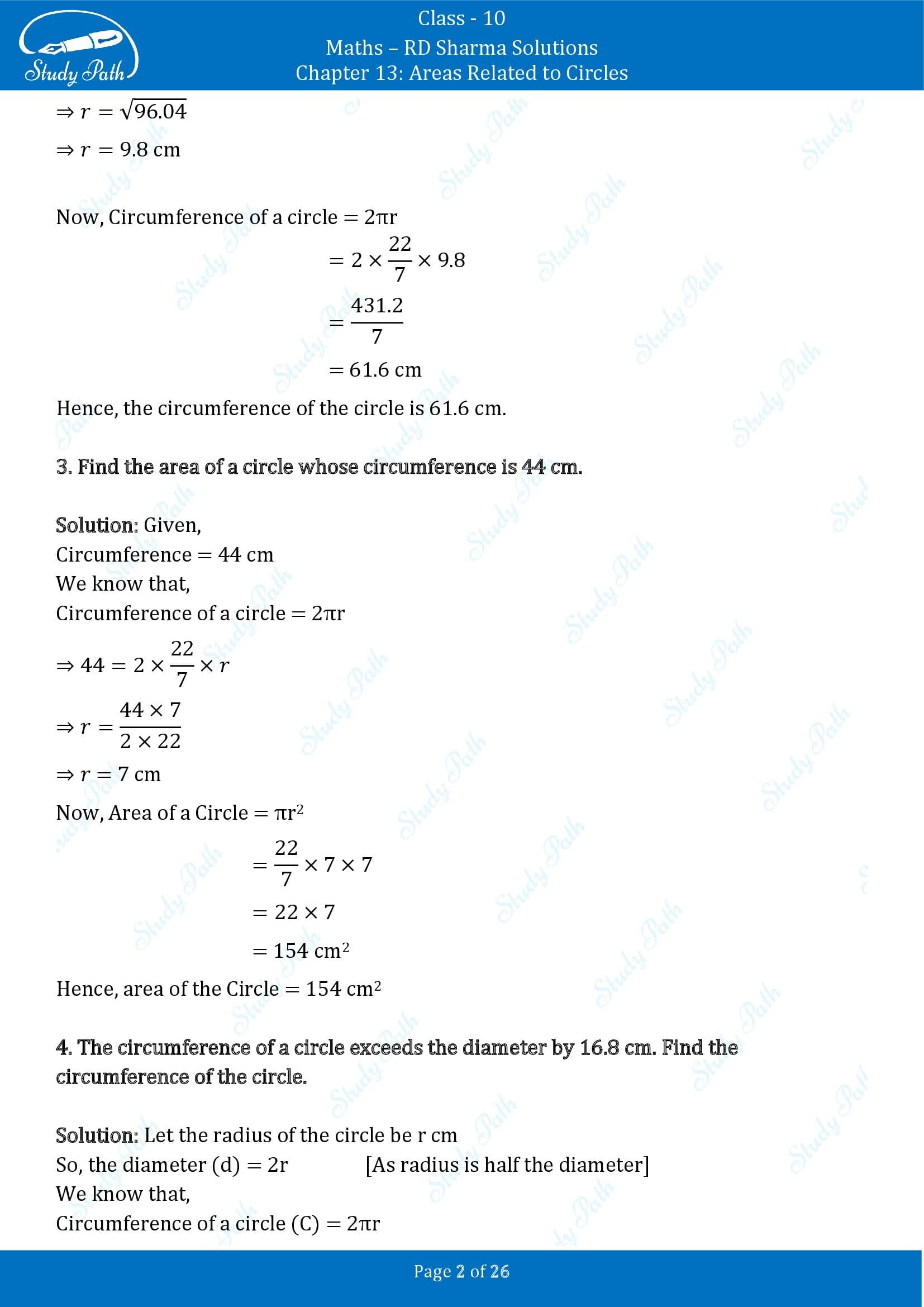 RD Sharma Solutions Class 10 Chapter 13 Areas Related to Circles Exercise 13.1 00002