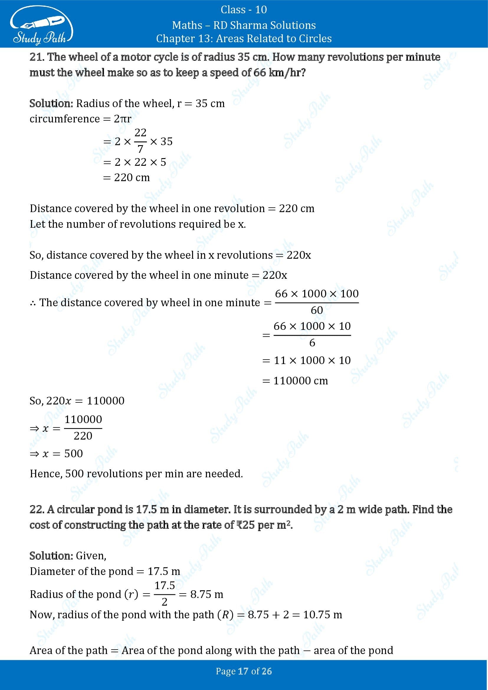 RD Sharma Solutions Class 10 Chapter 13 Areas Related to Circles Exercise 13.1 00017