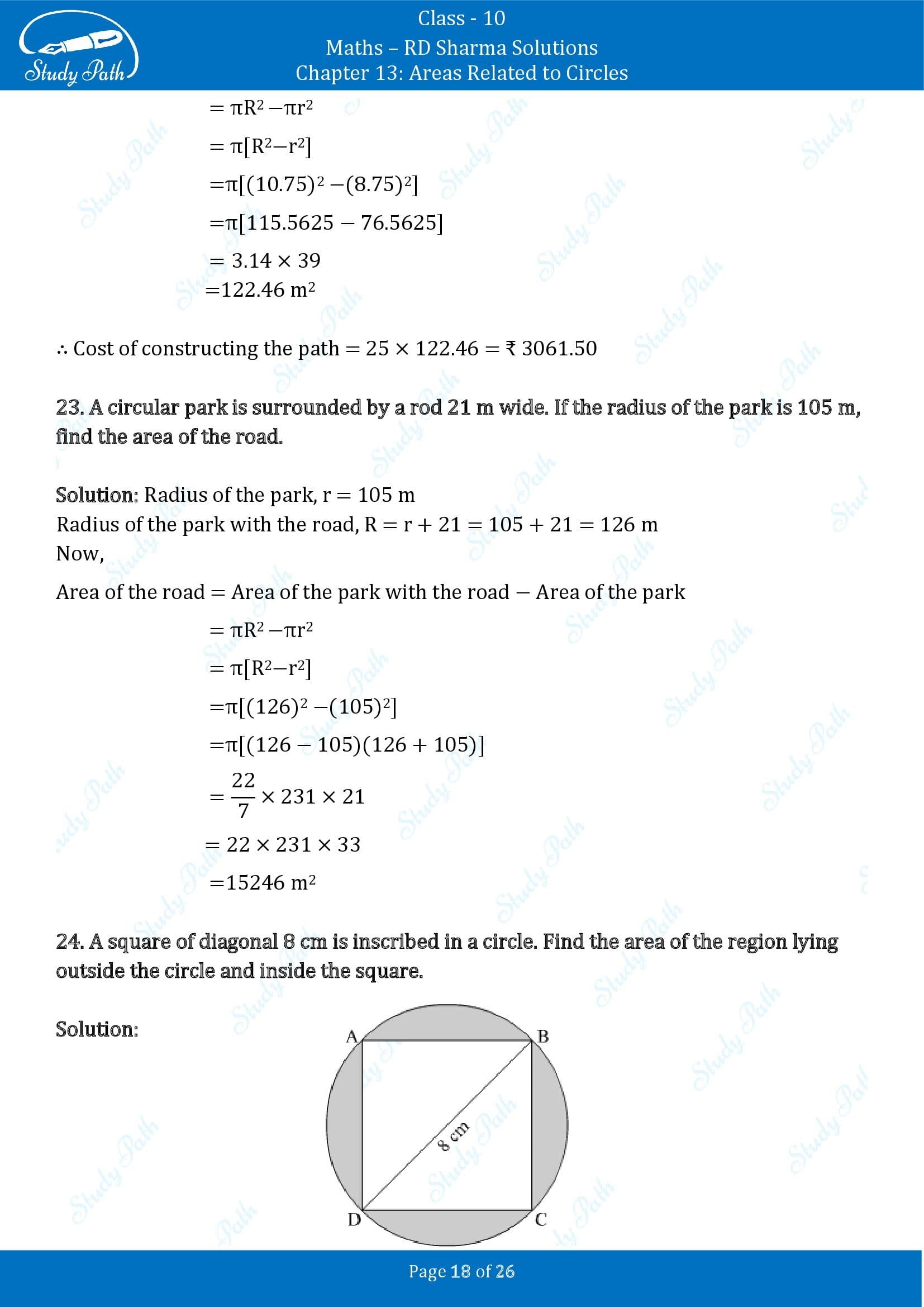 RD Sharma Solutions Class 10 Chapter 13 Areas Related to Circles Exercise 13.1 00018