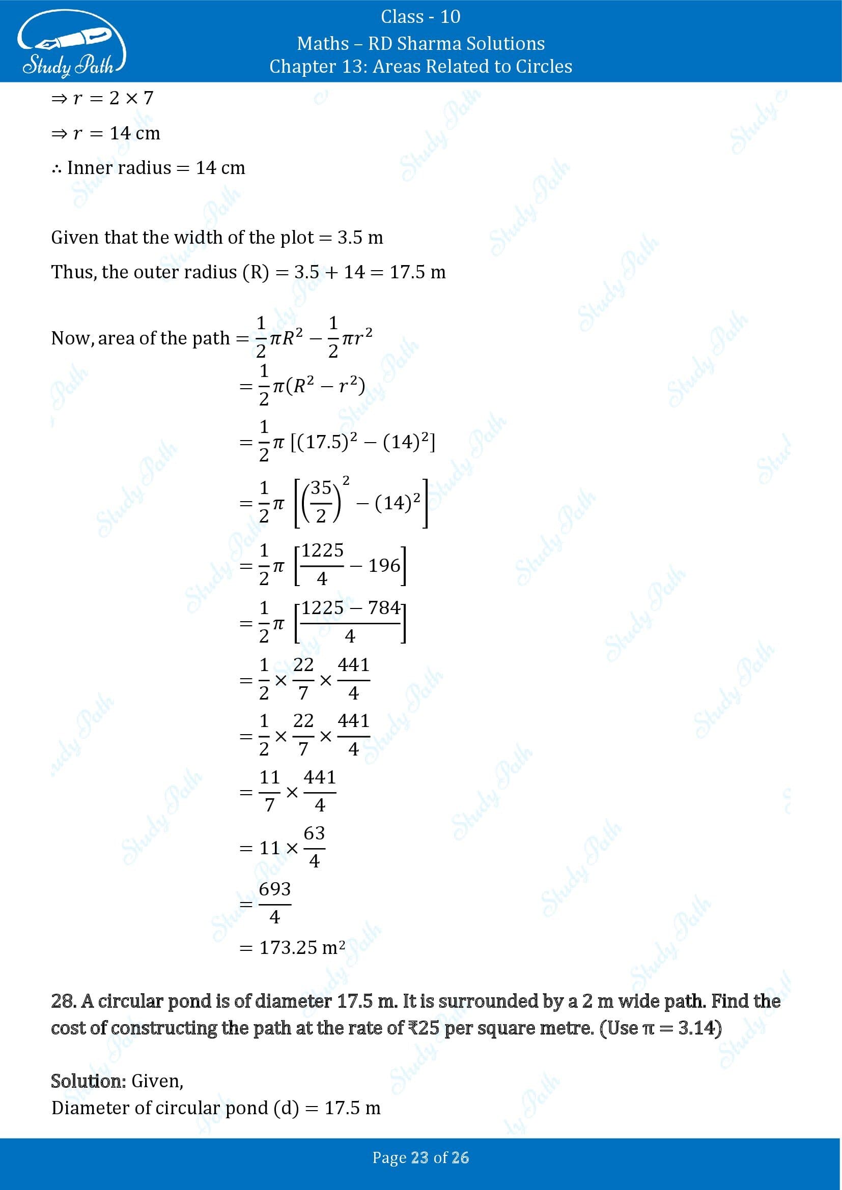 RD Sharma Solutions Class 10 Chapter 13 Areas Related to Circles Exercise 13.1 00023