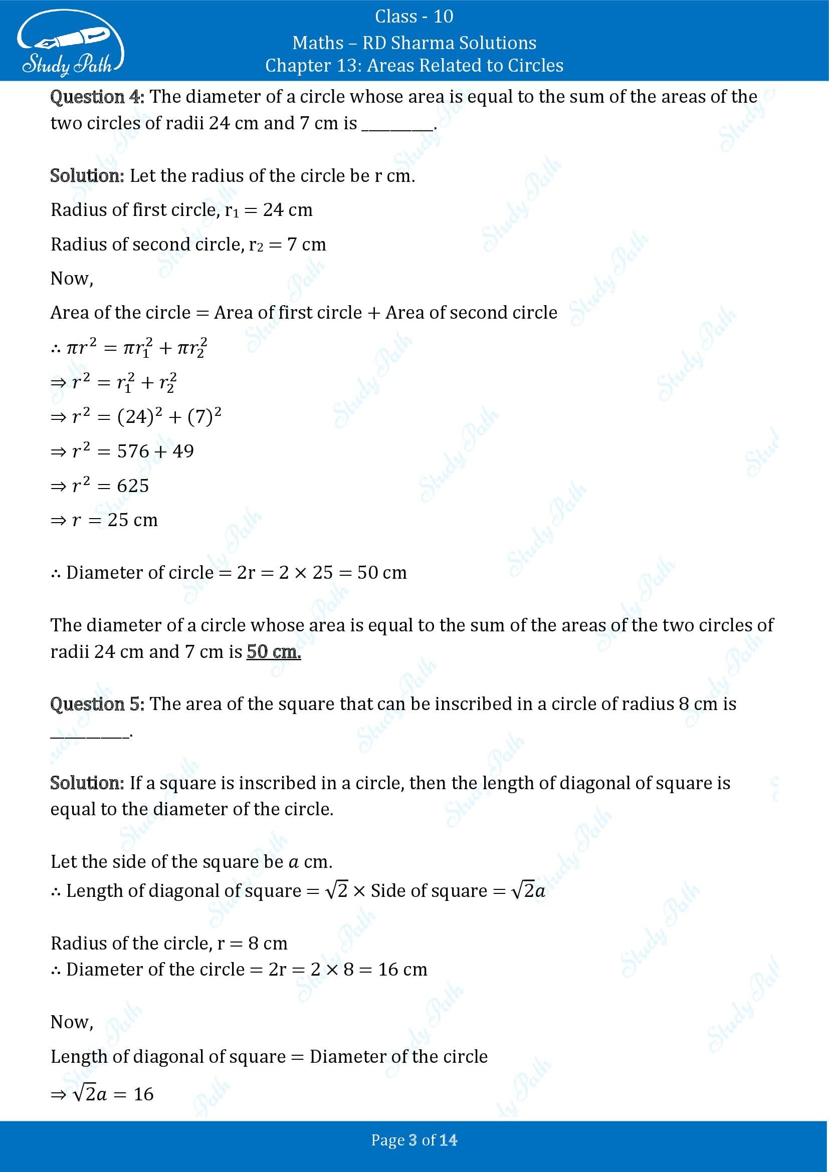 RD Sharma Solutions Class 10 Chapter 13 Areas Related to Circles Fill in the Blank Type Questions FBQs 00003