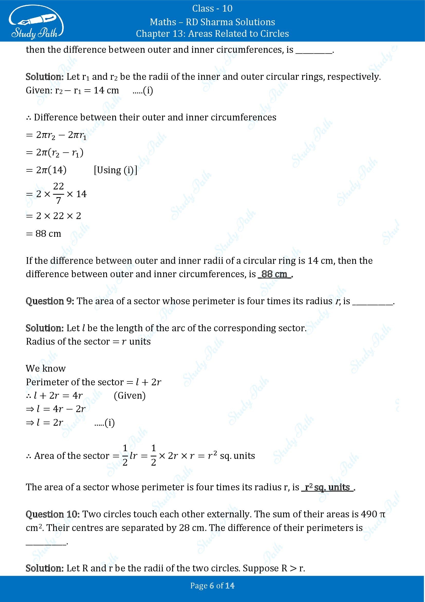 RD Sharma Solutions Class 10 Chapter 13 Areas Related to Circles Fill in the Blank Type Questions FBQs 00006