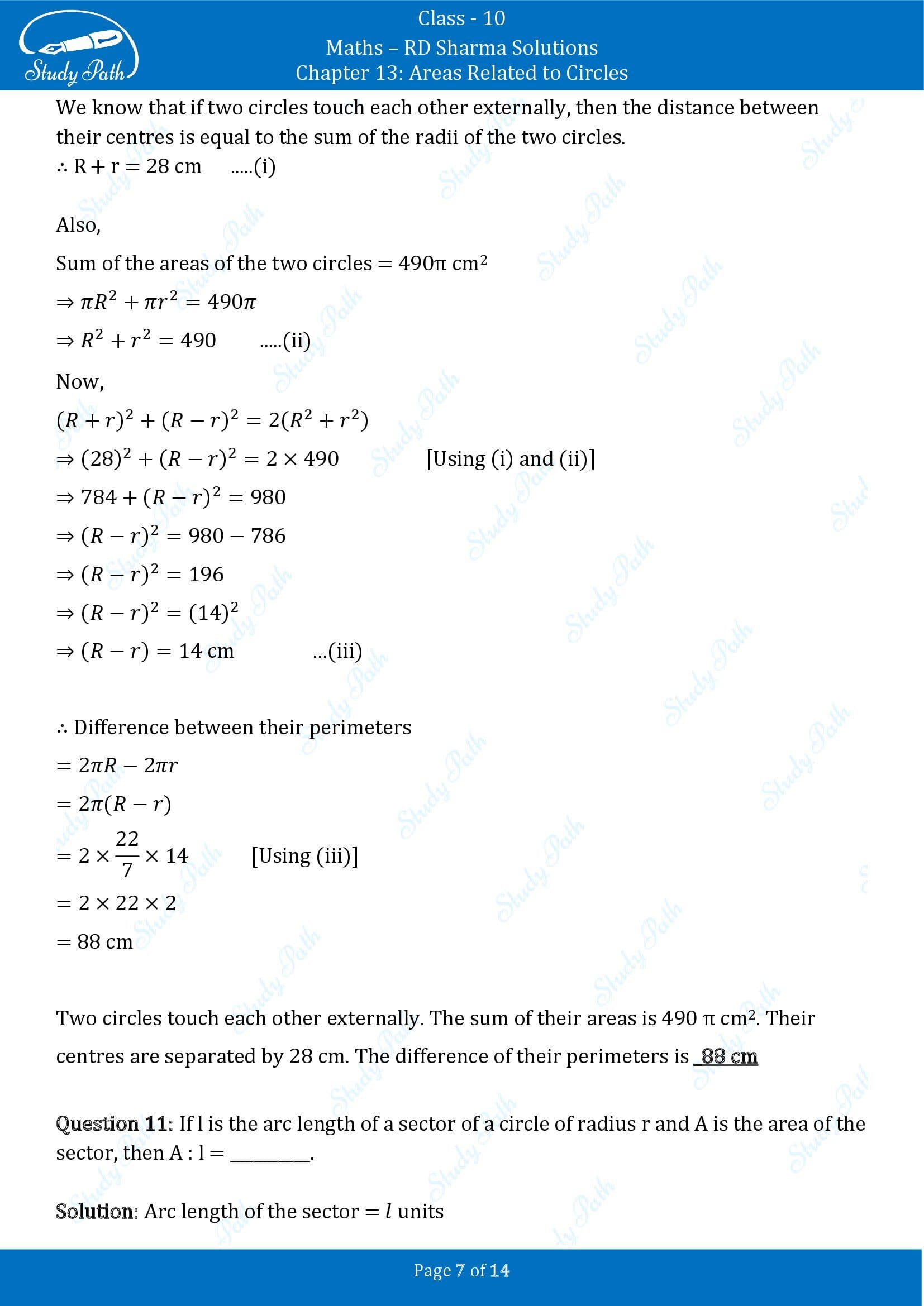 RD Sharma Solutions Class 10 Chapter 13 Areas Related to Circles Fill in the Blank Type Questions FBQs 00007