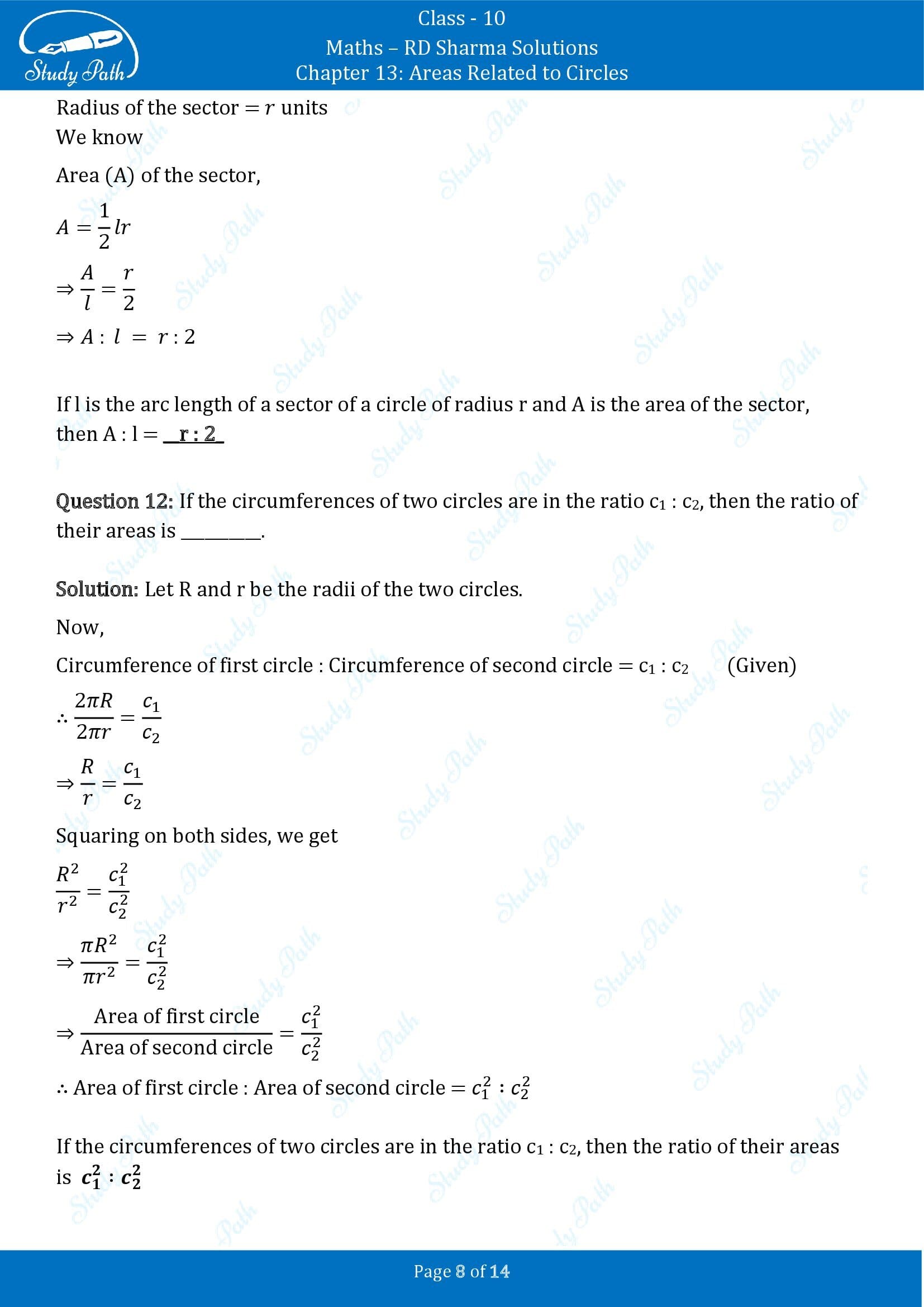 RD Sharma Solutions Class 10 Chapter 13 Areas Related to Circles Fill in the Blank Type Questions FBQs 00008