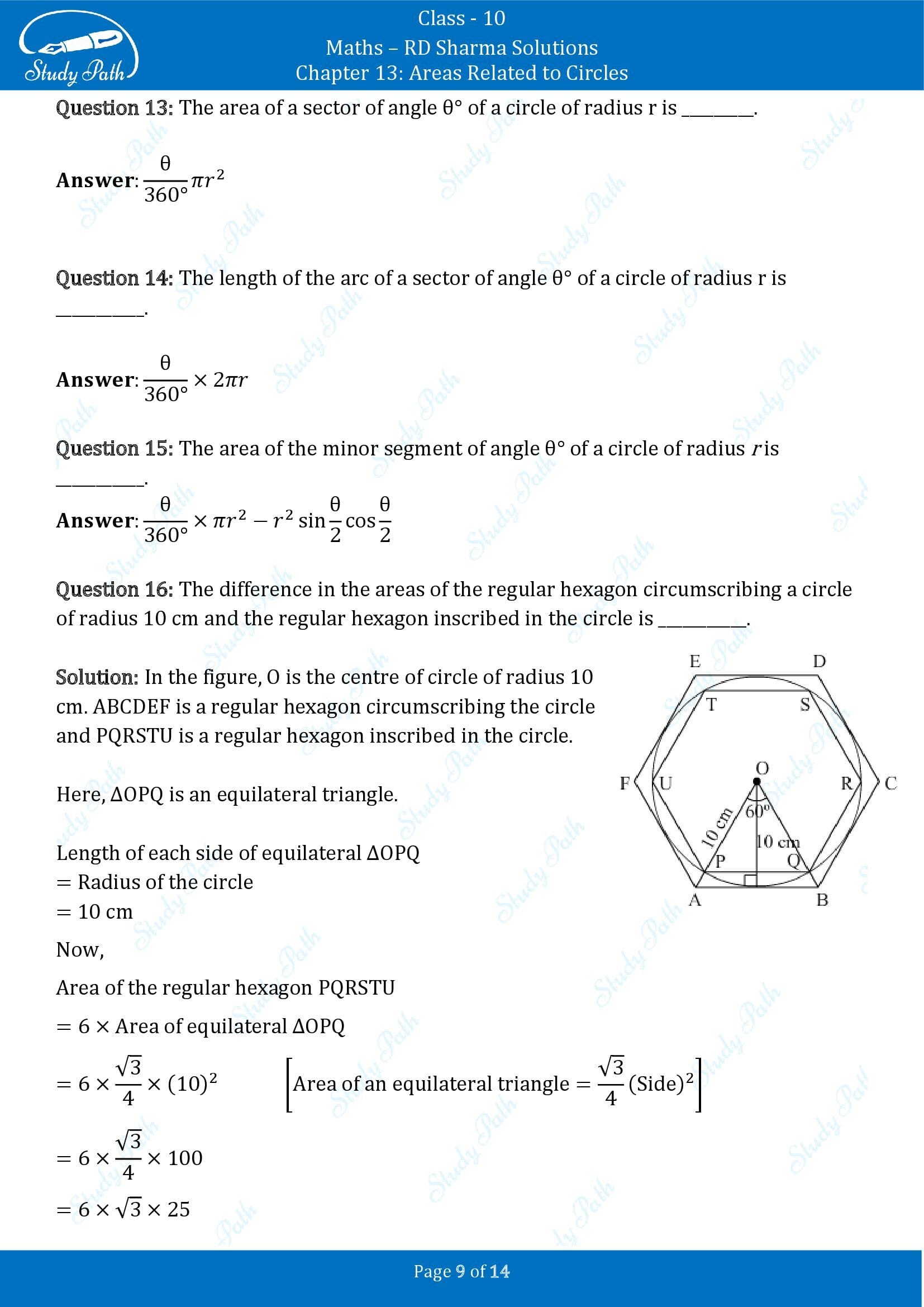 RD Sharma Solutions Class 10 Chapter 13 Areas Related to Circles Fill in the Blank Type Questions FBQs 00009