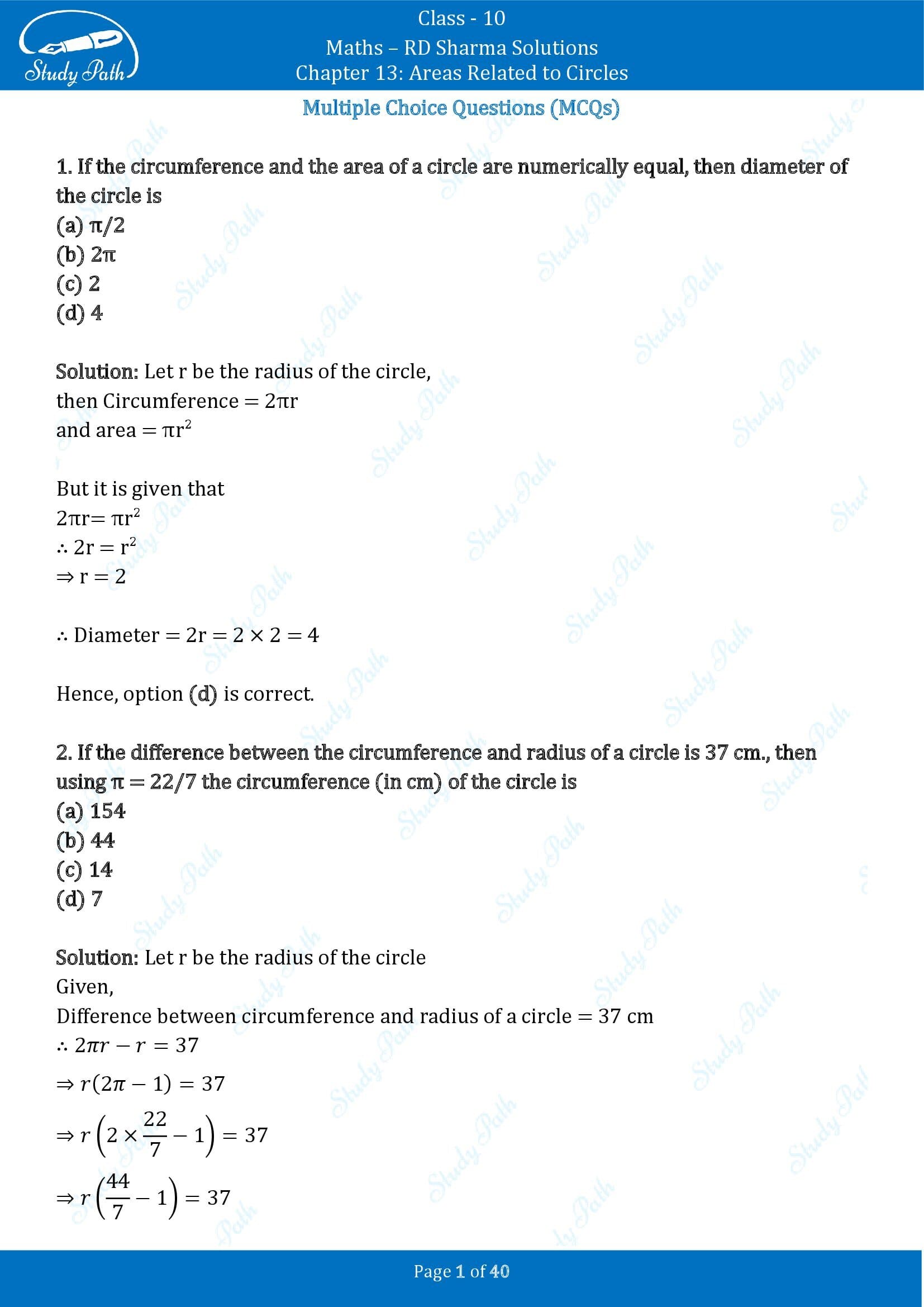 RD Sharma Solutions Class 10 Chapter 13 Areas Related to Circles Multiple Choice Question MCQs 00001