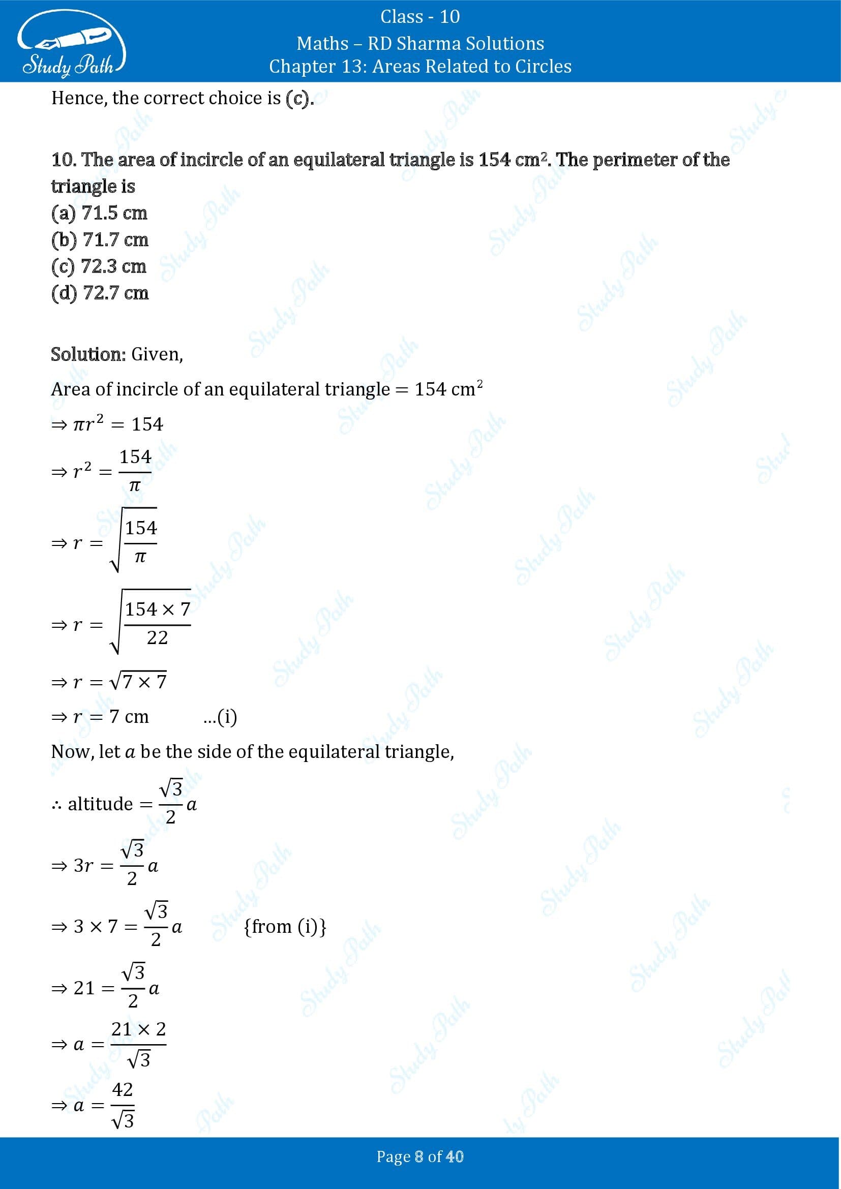 RD Sharma Solutions Class 10 Chapter 13 Areas Related to Circles Multiple Choice Question MCQs 00008