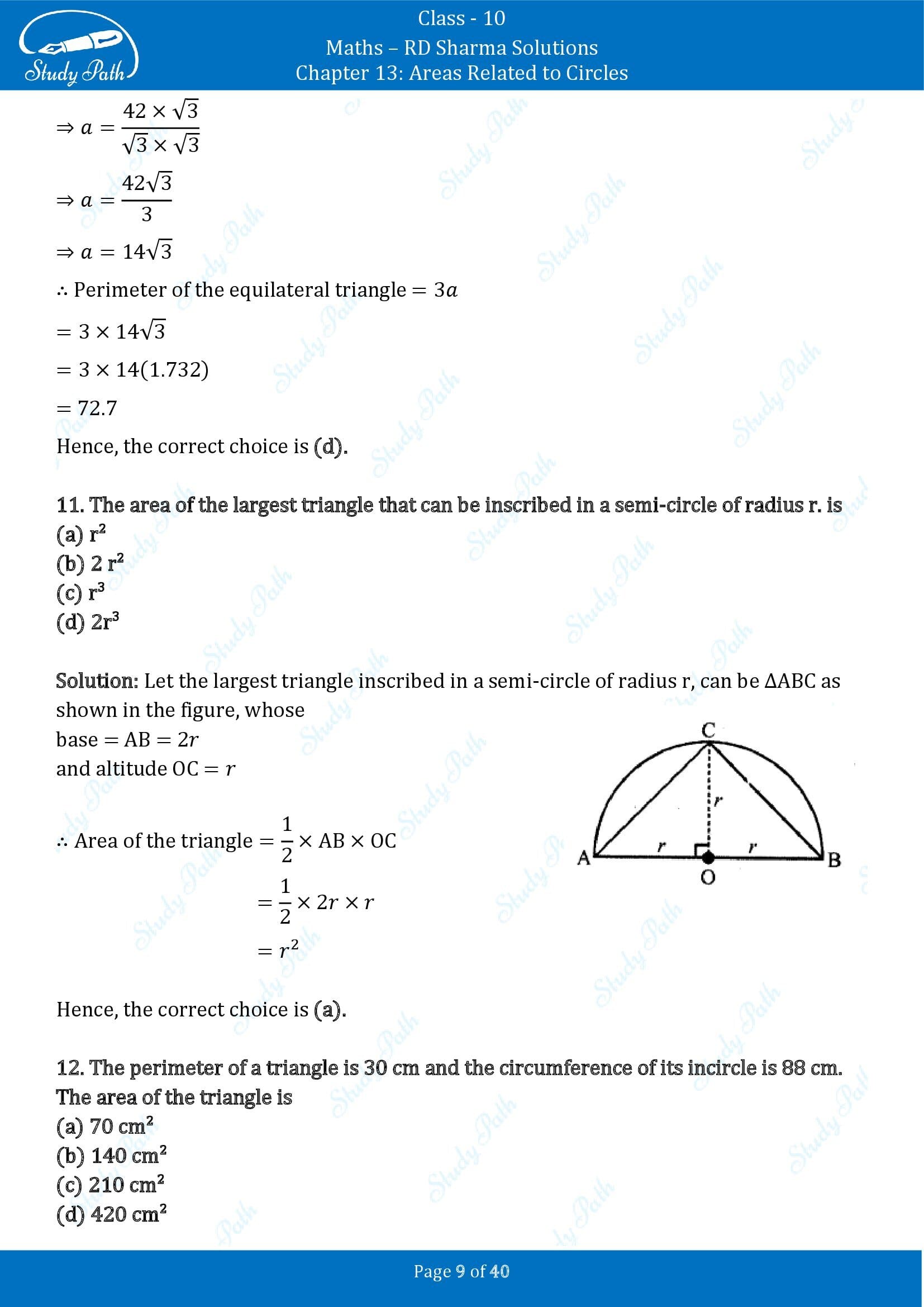 RD Sharma Solutions Class 10 Chapter 13 Areas Related to Circles Multiple Choice Question MCQs 00009