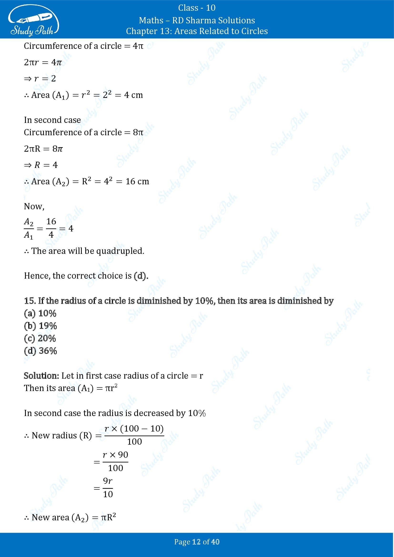 RD Sharma Solutions Class 10 Chapter 13 Areas Related to Circles Multiple Choice Question MCQs 00012