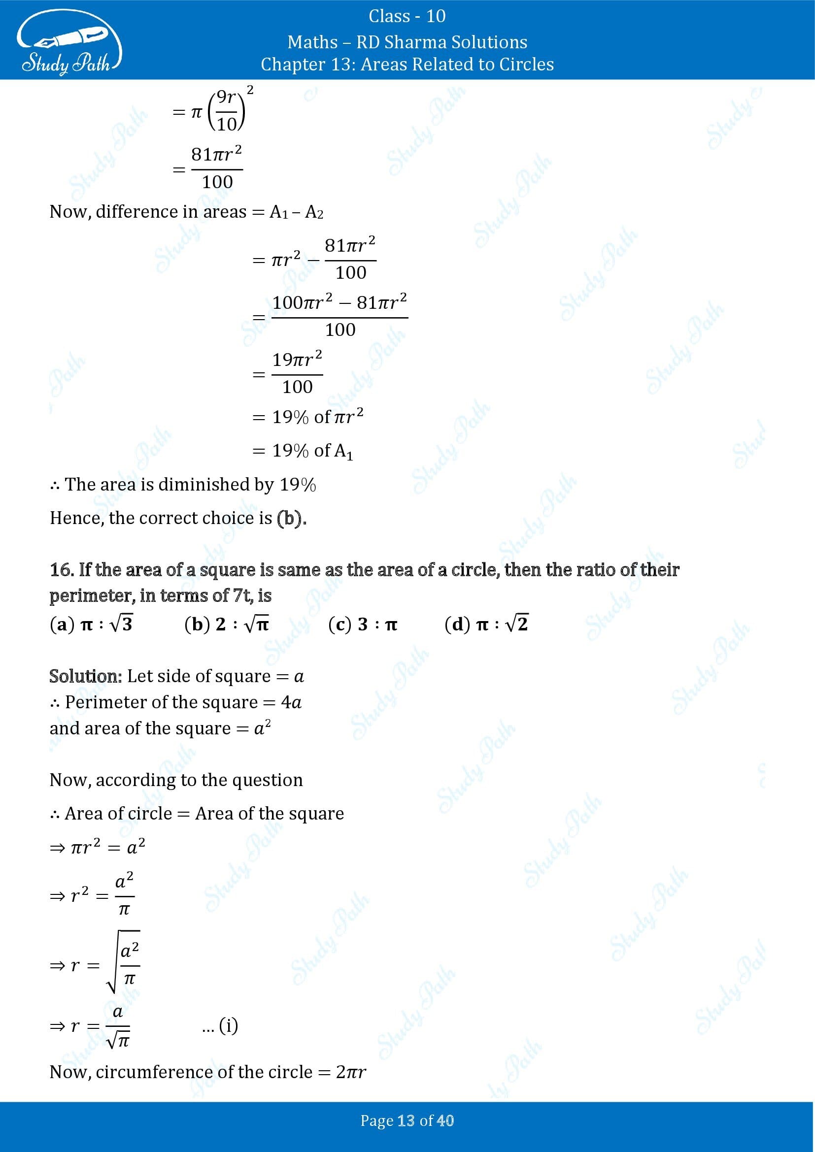 RD Sharma Solutions Class 10 Chapter 13 Areas Related to Circles Multiple Choice Question MCQs 00013