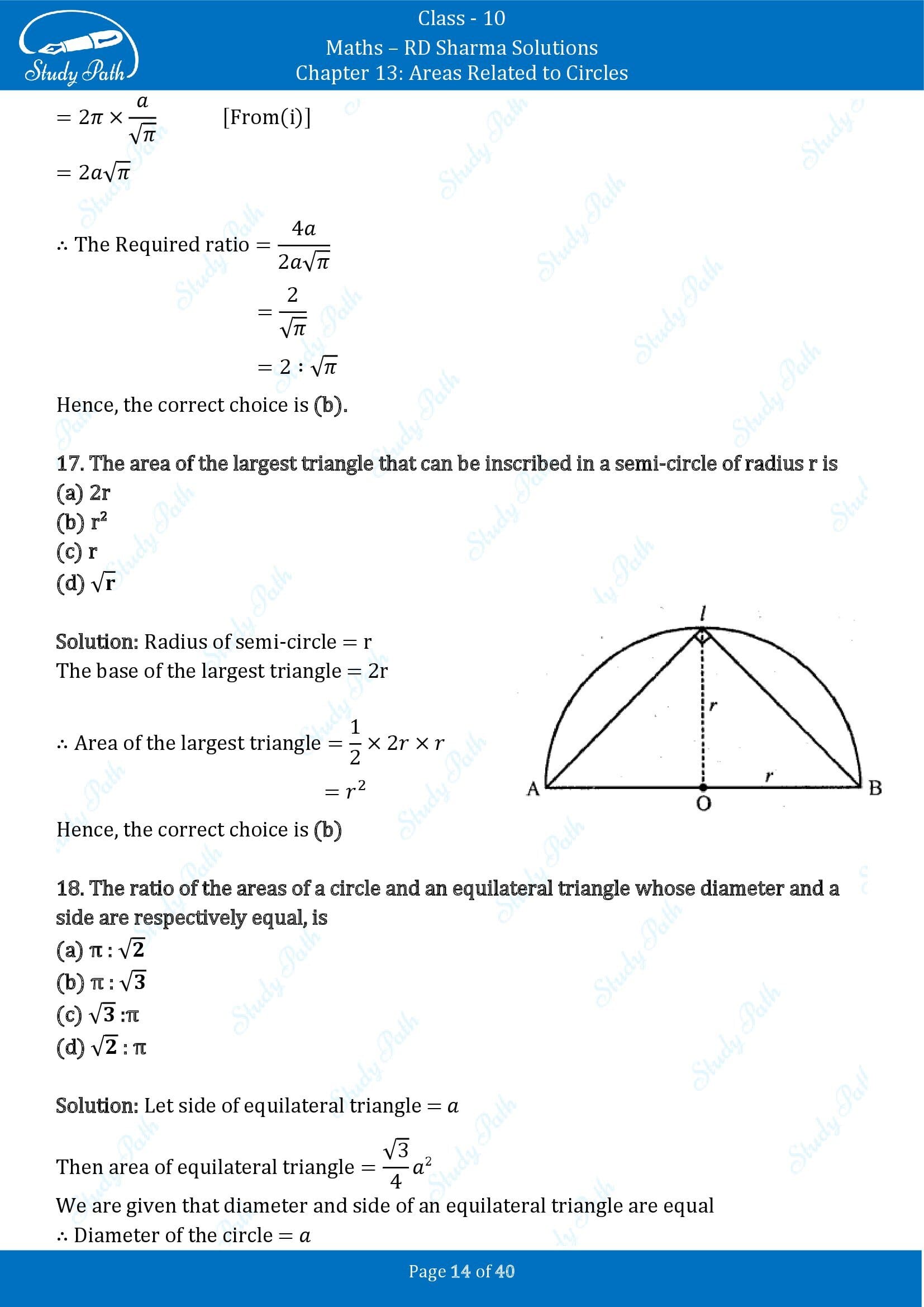 RD Sharma Solutions Class 10 Chapter 13 Areas Related to Circles Multiple Choice Question MCQs 00014