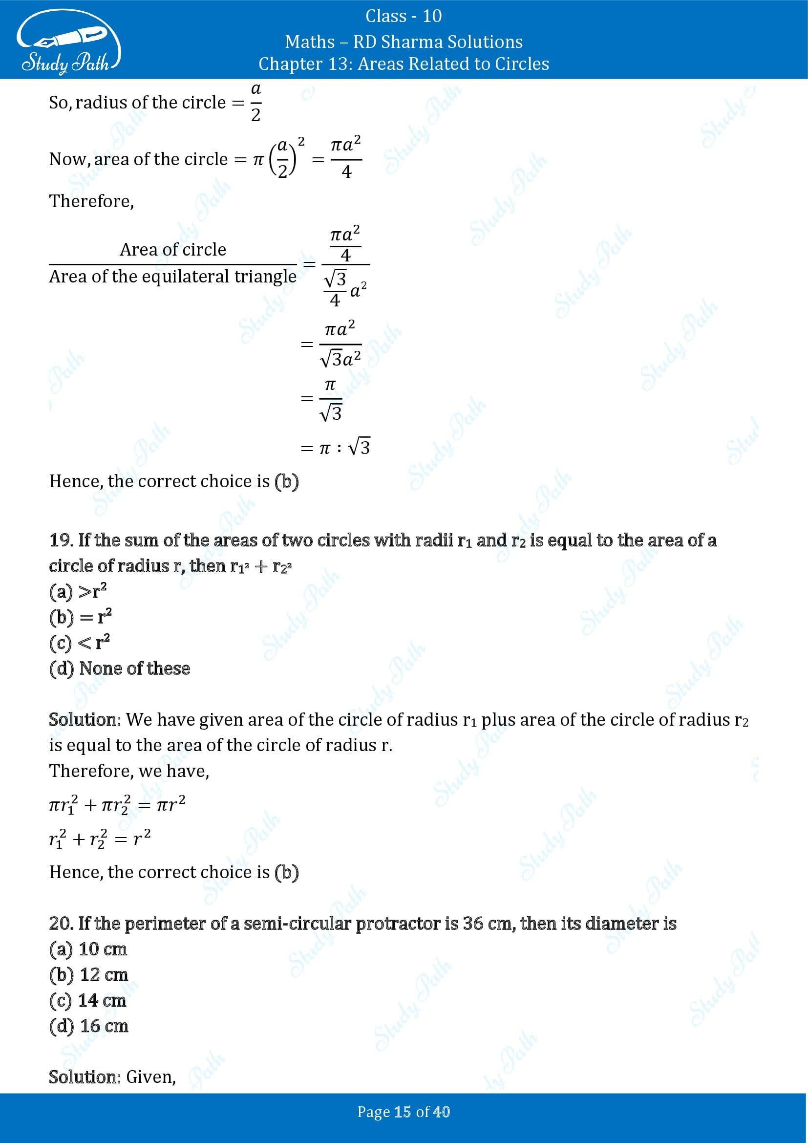 RD Sharma Solutions Class 10 Chapter 13 Areas Related to Circles Multiple Choice Question MCQs 00015