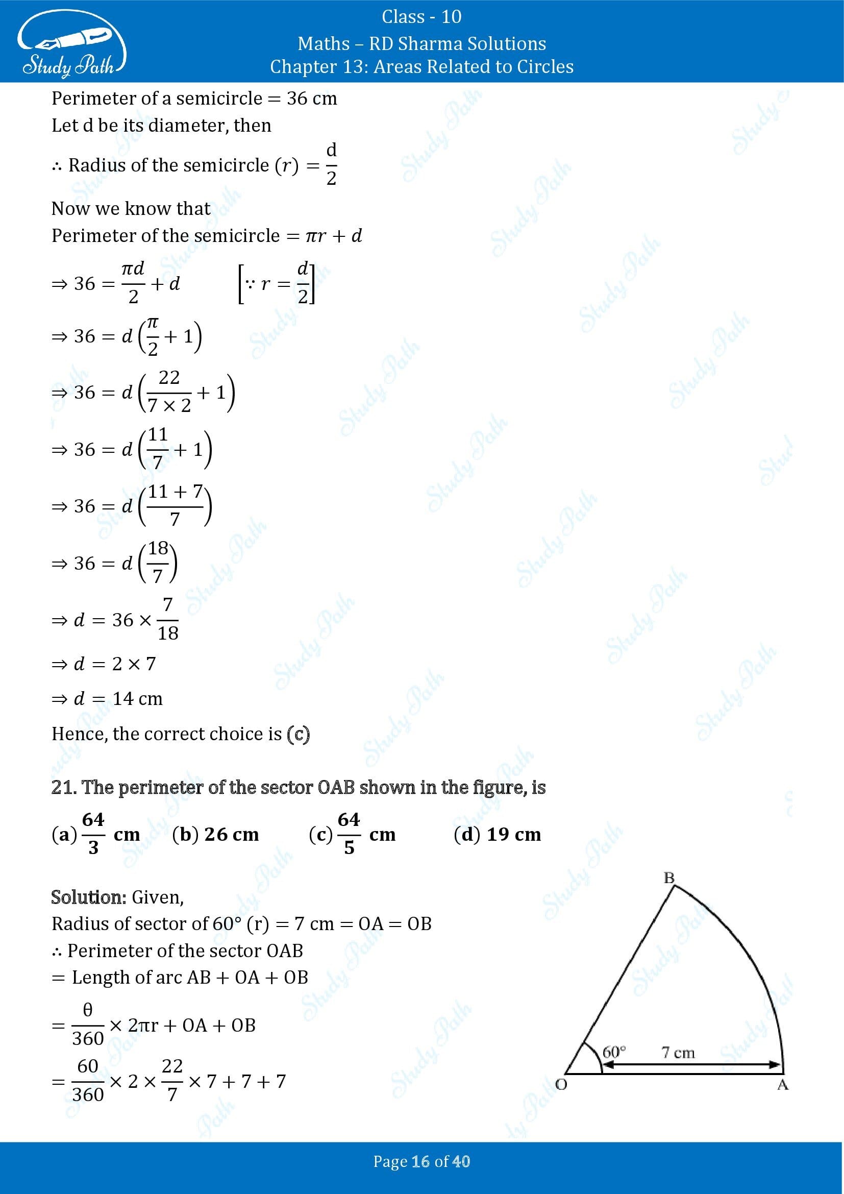 RD Sharma Solutions Class 10 Chapter 13 Areas Related to Circles Multiple Choice Question MCQs 00016