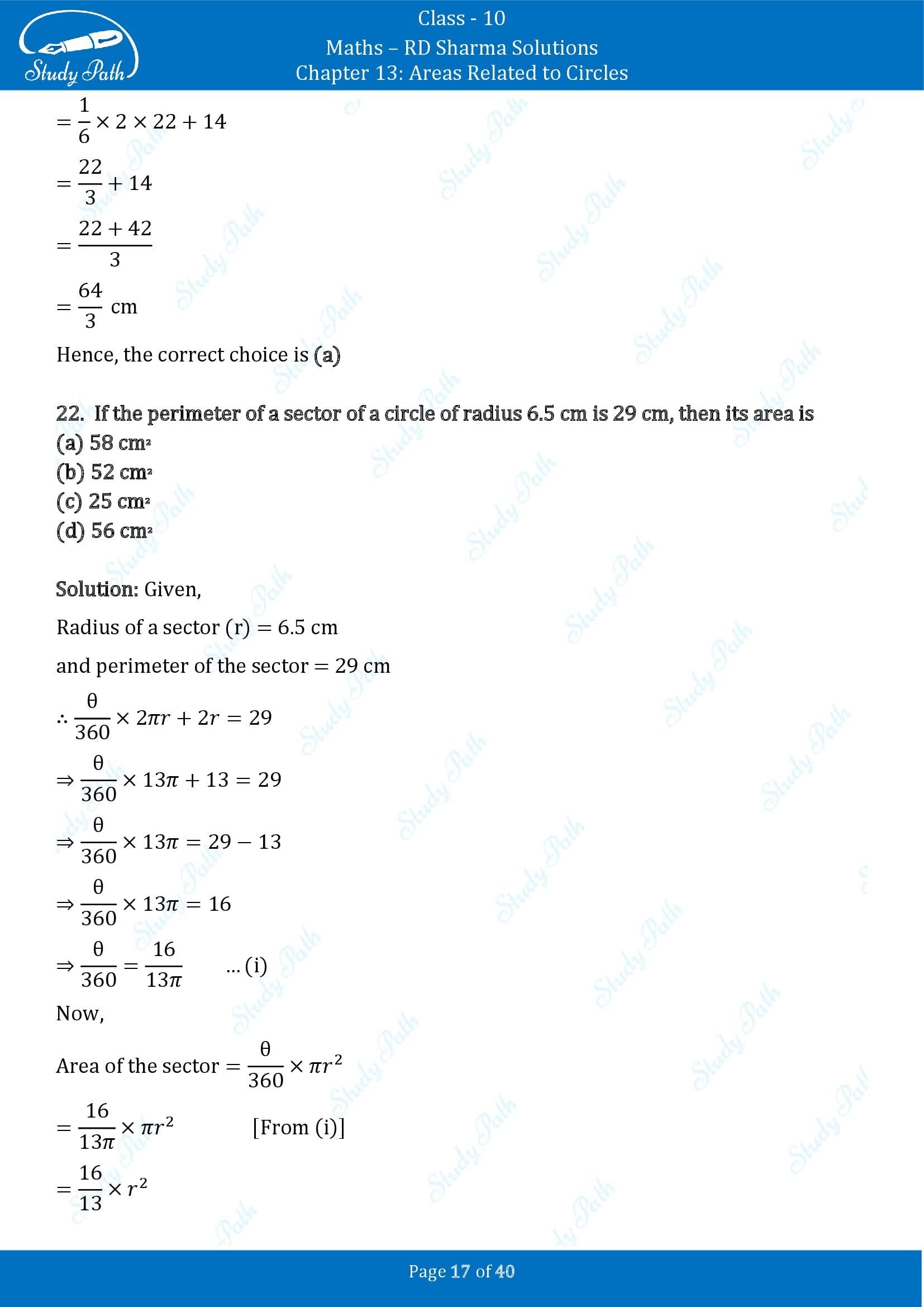 RD Sharma Solutions Class 10 Chapter 13 Areas Related to Circles Multiple Choice Question MCQs 00017
