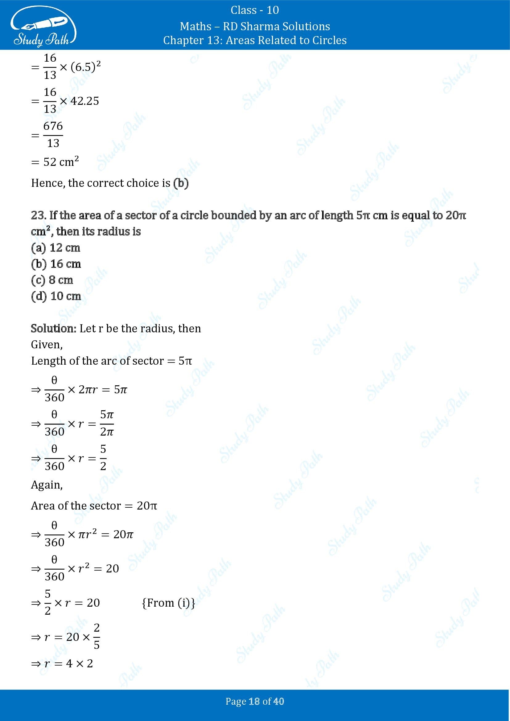 RD Sharma Solutions Class 10 Chapter 13 Areas Related to Circles Multiple Choice Question MCQs 00018