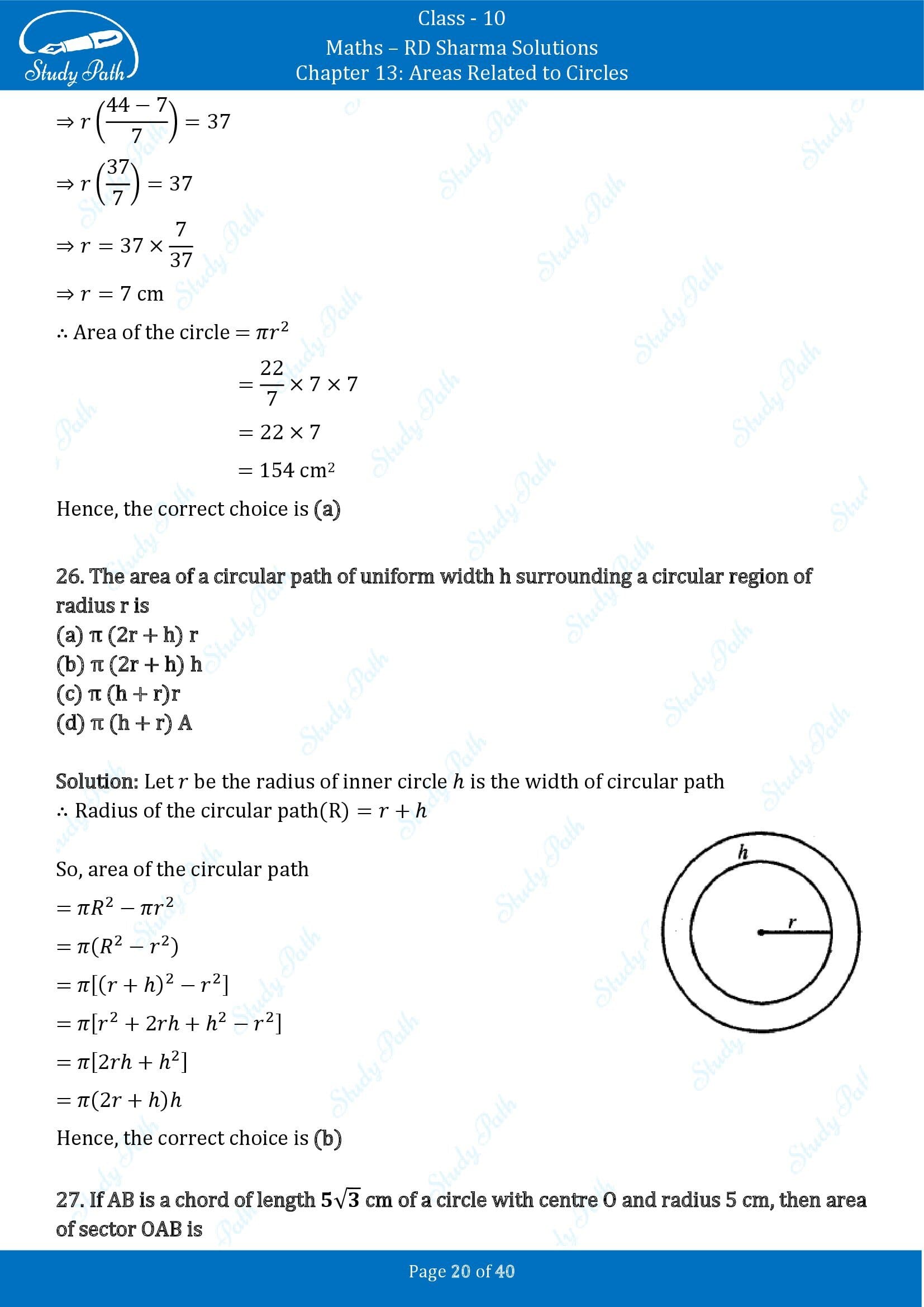 RD Sharma Solutions Class 10 Chapter 13 Areas Related to Circles Multiple Choice Question MCQs 00020