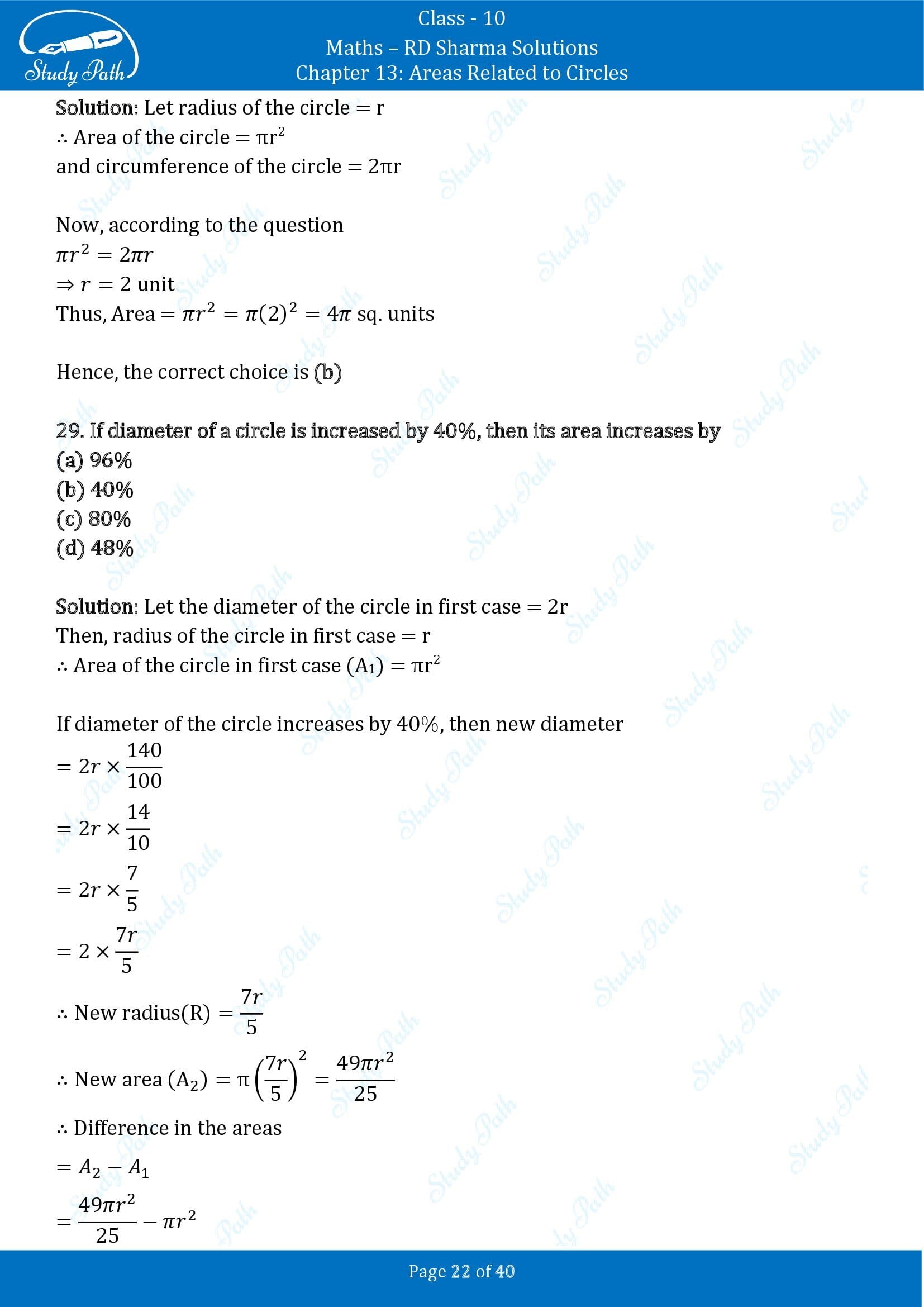RD Sharma Solutions Class 10 Chapter 13 Areas Related to Circles Multiple Choice Question MCQs 00022