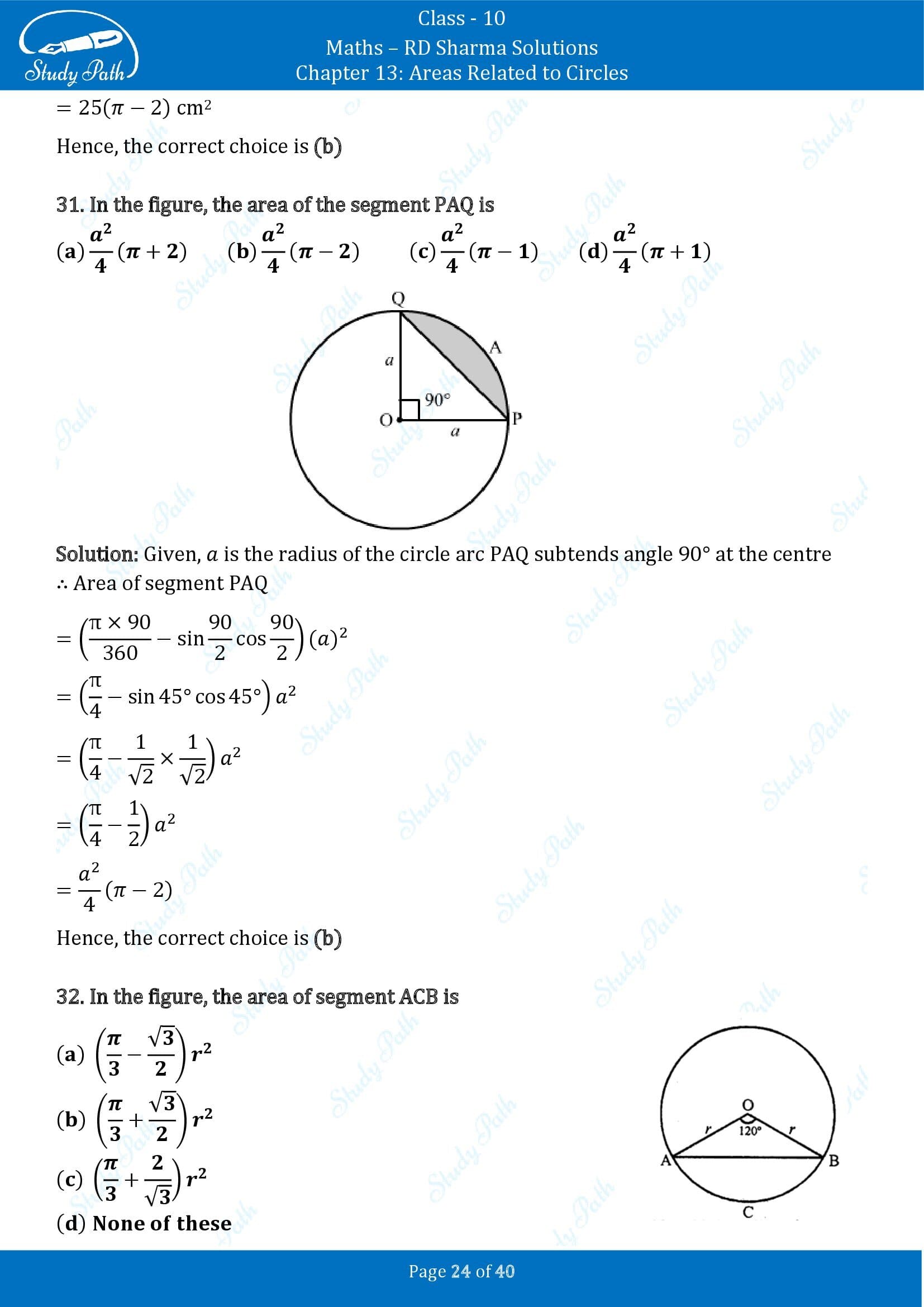 RD Sharma Solutions Class 10 Chapter 13 Areas Related to Circles Multiple Choice Question MCQs 00024